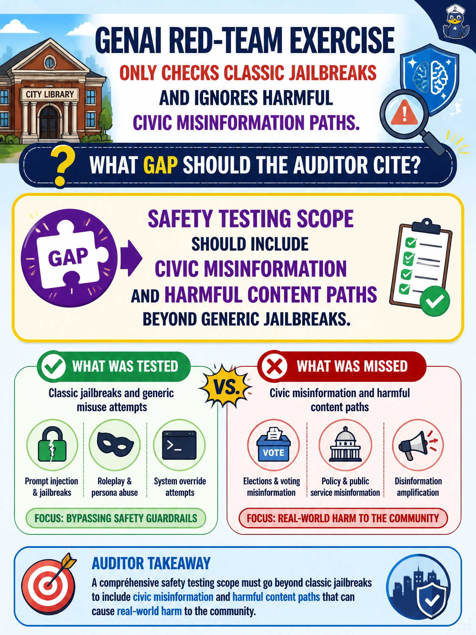 To Create an exciting colorful infographic that explains the concepts in the question: Question: A city library GenAI red-team exercise only checks classic jailbreaks and ignores harmful civic misinformation paths. What gap should the auditor cite? Correct Answer: Safety testing scope should include civic misinformation and harmful content paths beyond generic jailbreaks Put EVERY visible label in double quotes. No people. No A/B/C/D letters. In one of the four corners put a little "Navy Duck".