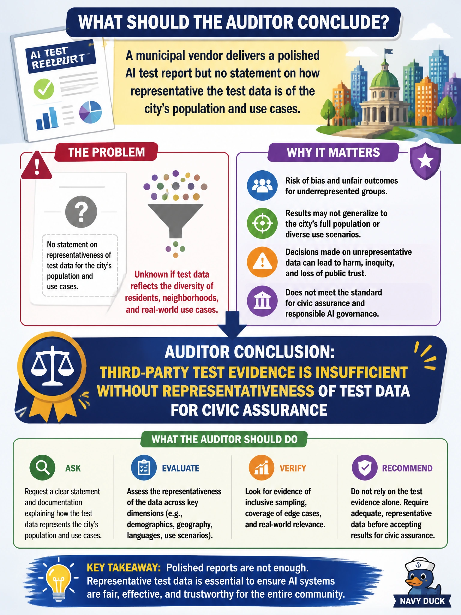 To Create an exciting colorful infographic that explains the concepts in the question: Question: A municipal vendor delivers a polished AI test report but no statement on how representative the test data is of the city's population and use cases. What should the auditor conclude? Correct Answer: Third-party test evidence is insufficient without representativeness of test data for civic assurance Put EVERY visible label in double quotes. No people. No A/B/C/D letters. In one of the four corners put a little "Navy Duck".