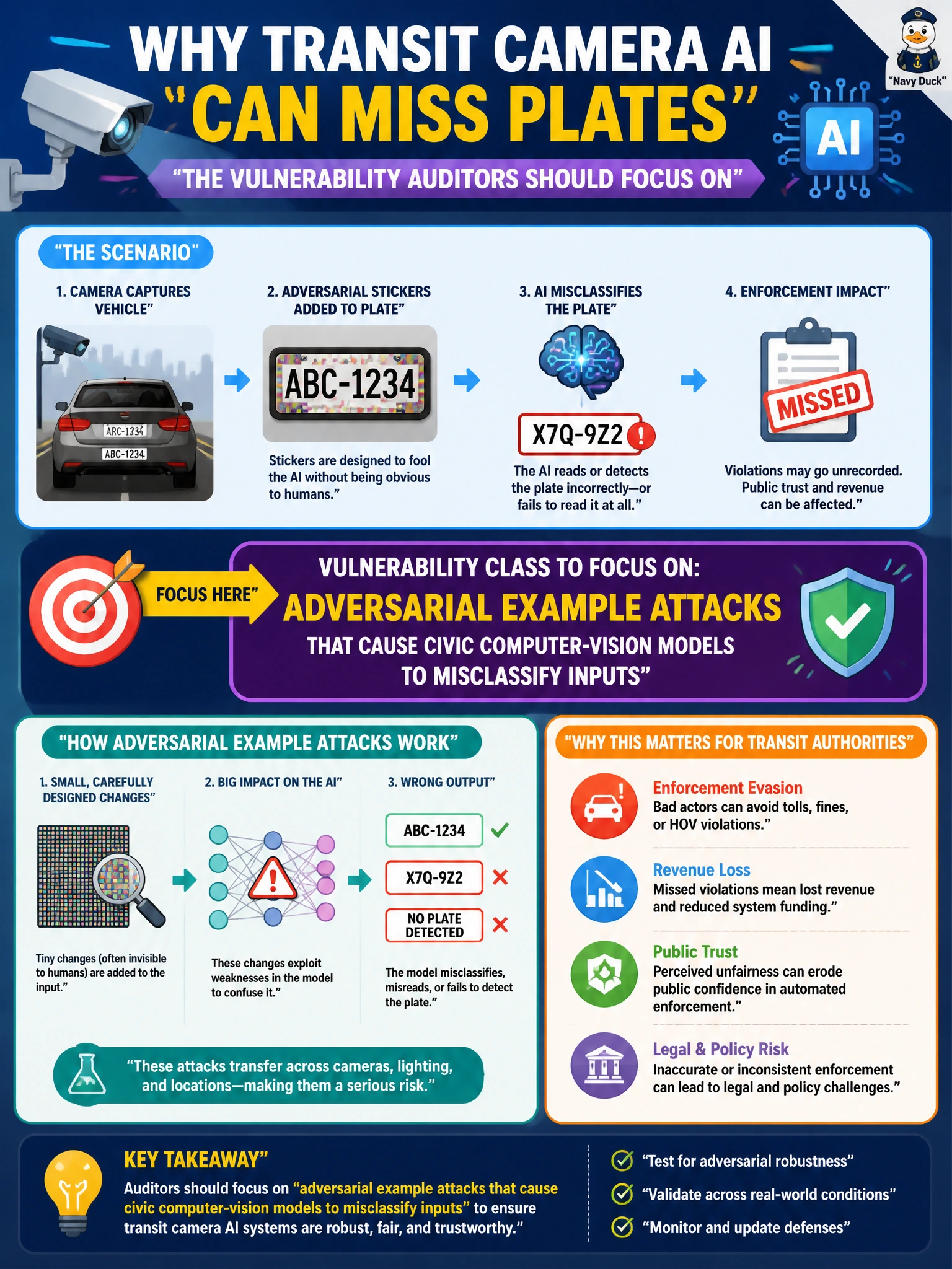 To Create an exciting colorful infographic that explains the concepts in the question: Question: A transit authority camera AI can miss plates when adversarial stickers are placed on vehicles. What vulnerability class should the auditor focus on? Correct Answer: Adversarial example attacks that cause civic computer-vision models to misclassify inputs Put EVERY visible label in double quotes. No people. No A/B/C/D letters. In one of the four corners put a little "Navy Duck".