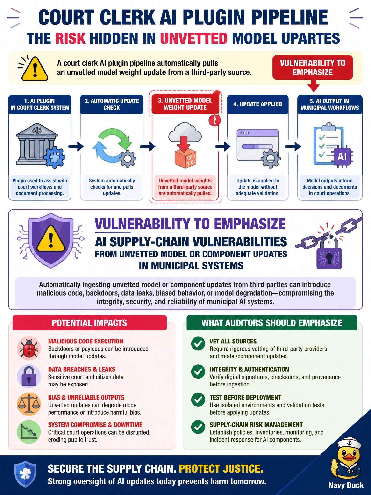 To Create an exciting colorful infographic that explains the concepts in the question: Question: A court clerk AI plugin pipeline automatically pulls an unvetted model weight update from a third-party source. What vulnerability should the auditor emphasize? Correct Answer: AI supply-chain vulnerabilities from unvetted model or component updates in municipal systems Put EVERY visible label in double quotes. No people. No A/B/C/D letters. In one of the four corners put a little "Navy Duck".