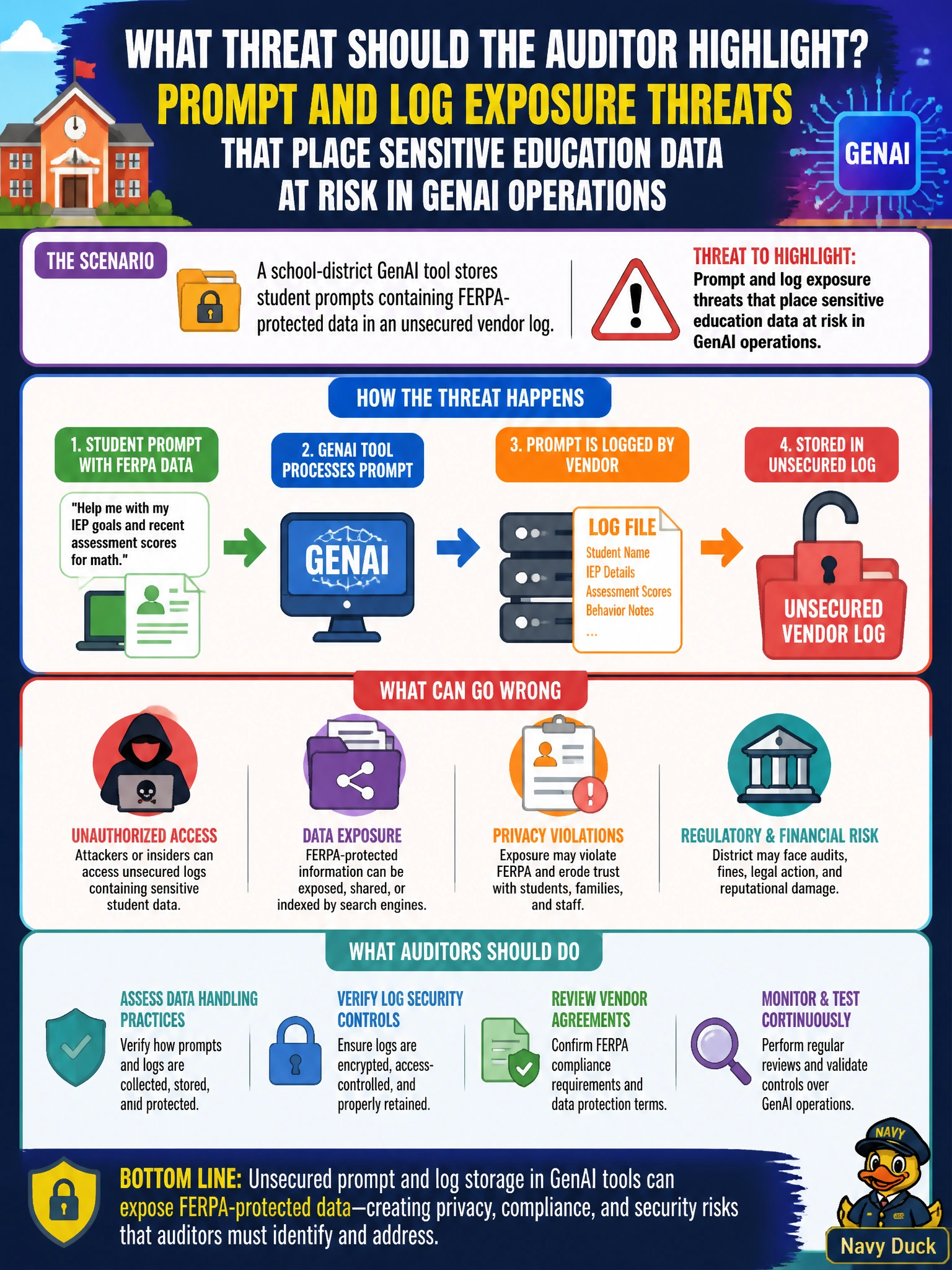 To Create an exciting colorful infographic that explains the concepts in the question: Question: A school-district GenAI tool stores student prompts containing FERPA-protected data in an unsecured vendor log. What threat should the auditor highlight? Correct Answer: Prompt and log exposure threats that place sensitive education data at risk in GenAI operations Put EVERY visible label in double quotes. No people. No A/B/C/D letters. In one of the four corners put a little "Navy Duck".