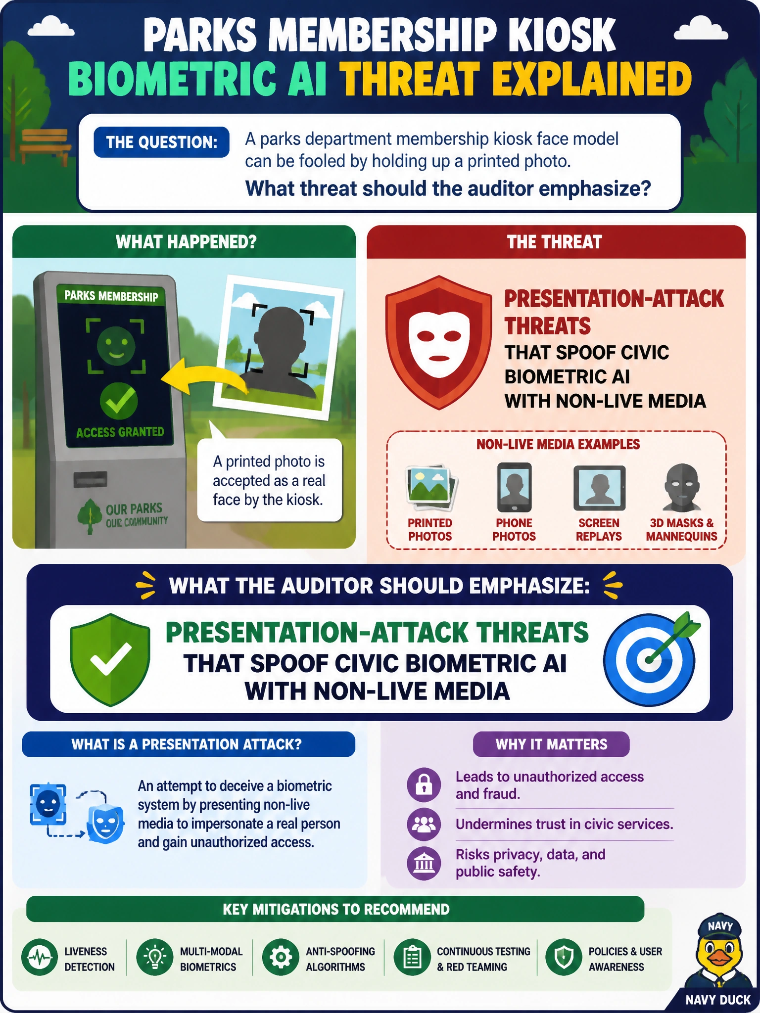 To Create an exciting colorful infographic that explains the concepts in the question: Question: A parks department membership kiosk face model can be fooled by holding up a printed photo. What threat should the auditor emphasize? Correct Answer: Presentation-attack threats that spoof civic biometric AI with non-live media Put EVERY visible label in double quotes. No people. No A/B/C/D letters. In one of the four corners put a little "Navy Duck".