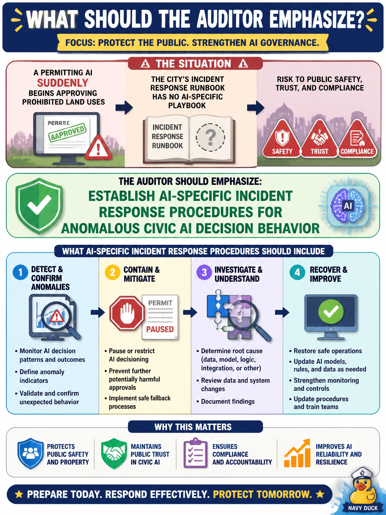 To Create an exciting colorful infographic that explains the concepts in the question: Question: A permitting AI suddenly begins approving prohibited land uses, and the city's incident response runbook has no AI-specific playbook. What should the auditor emphasize? Correct Answer: Establish AI-specific incident response procedures for anomalous civic AI decision behavior Put EVERY visible label in double quotes. No people. No A/B/C/D letters. In one of the four corners put a little "Navy Duck".