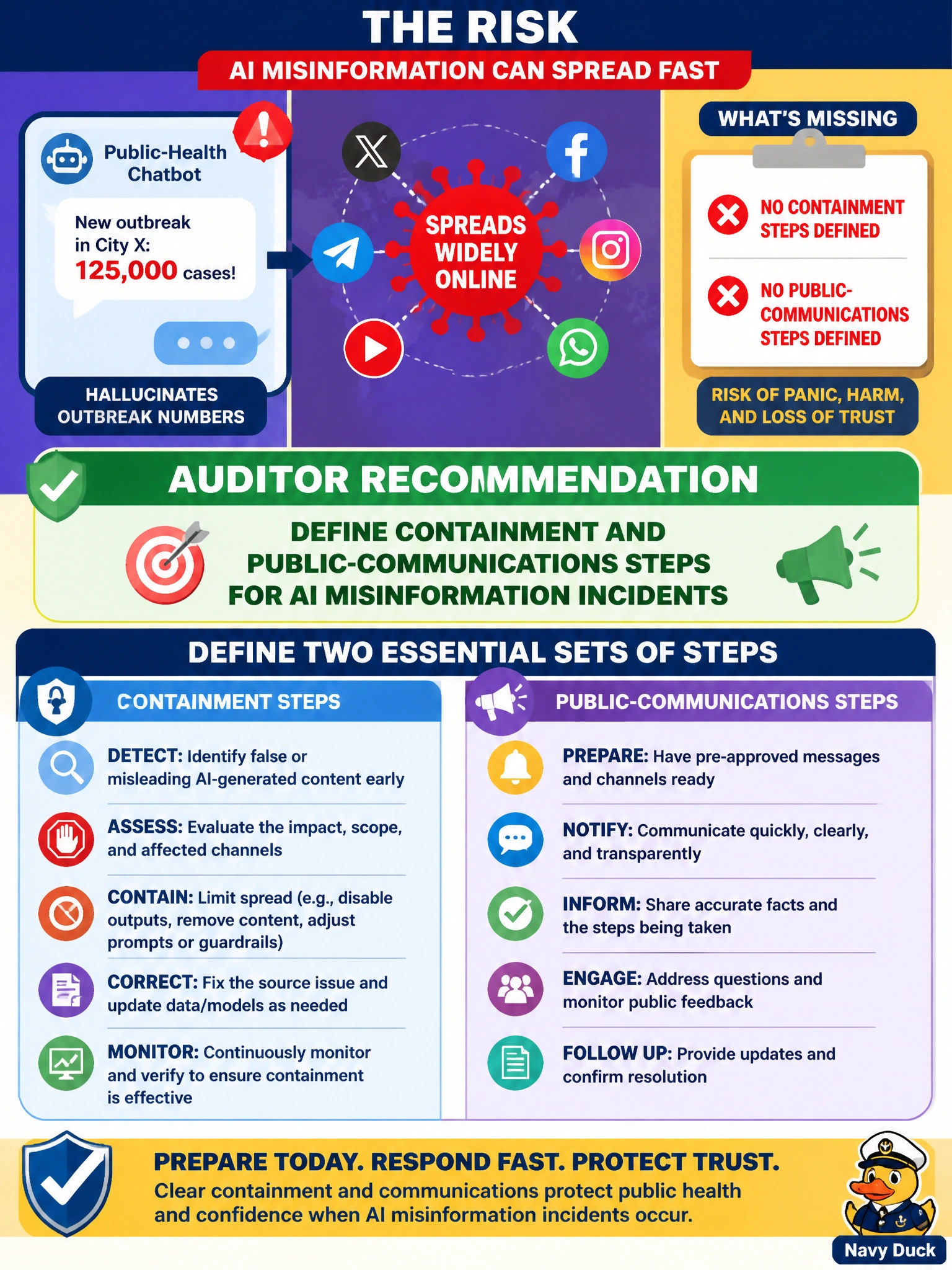 To Create an exciting colorful infographic that explains the concepts in the question: Question: A public-health chatbot hallucinates outbreak numbers that spread widely online, and no containment or communications steps are defined. What should the auditor recommend? Correct Answer: Define containment and public-communications steps for AI misinformation incidents Put EVERY visible label in double quotes. No people. No A/B/C/D letters. In one of the four corners put a little "Navy Duck".