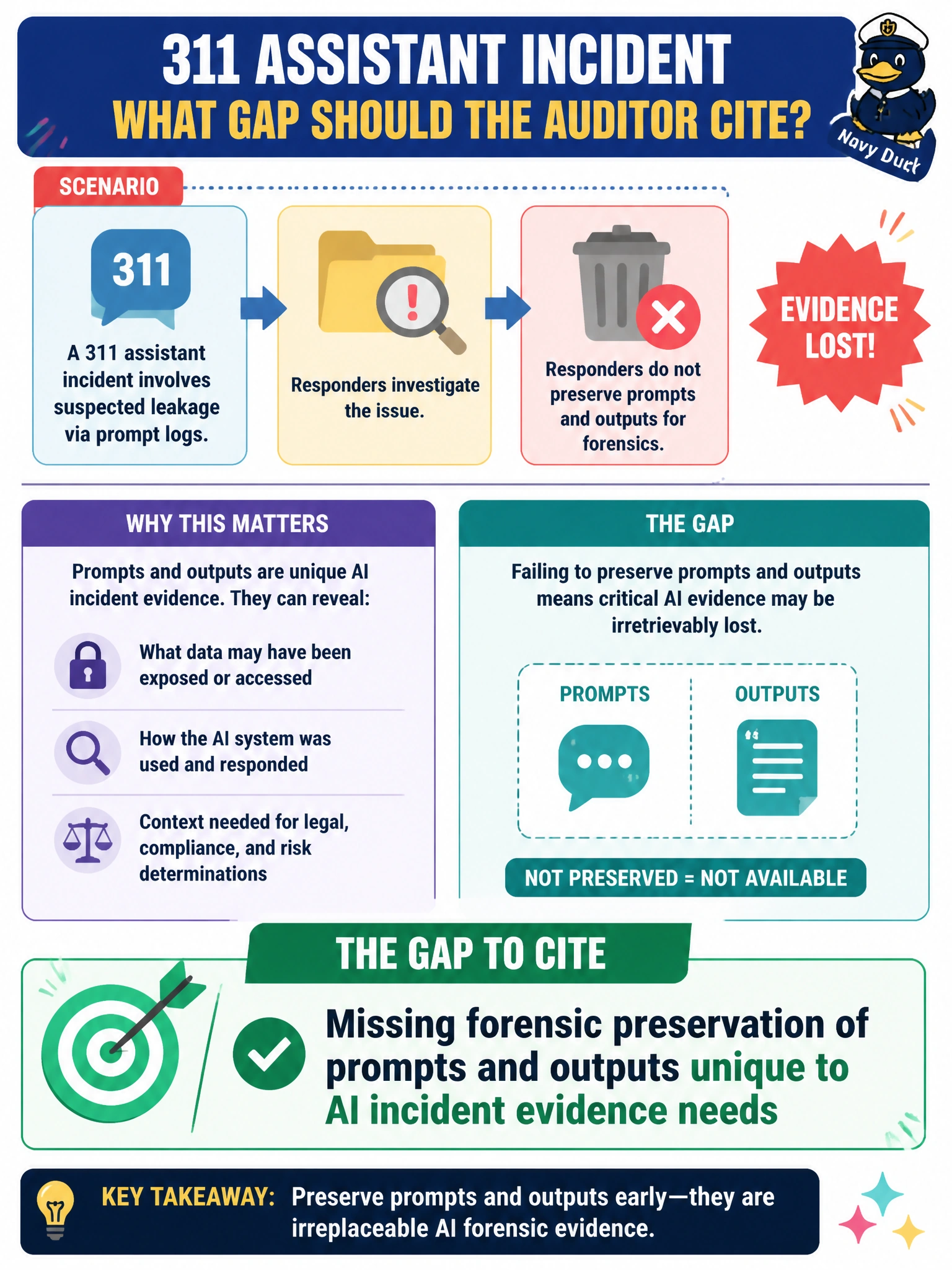 To Create an exciting colorful infographic that explains the concepts in the question: Question: A 311 assistant incident involves suspected leakage via prompt logs, but responders do not preserve prompts and outputs for forensics. What gap should the auditor cite? Correct Answer: Missing forensic preservation of prompts and outputs unique to AI incident evidence needs Put EVERY visible label in double quotes. No people. No A/B/C/D letters. In one of the four corners put a little "Navy Duck".