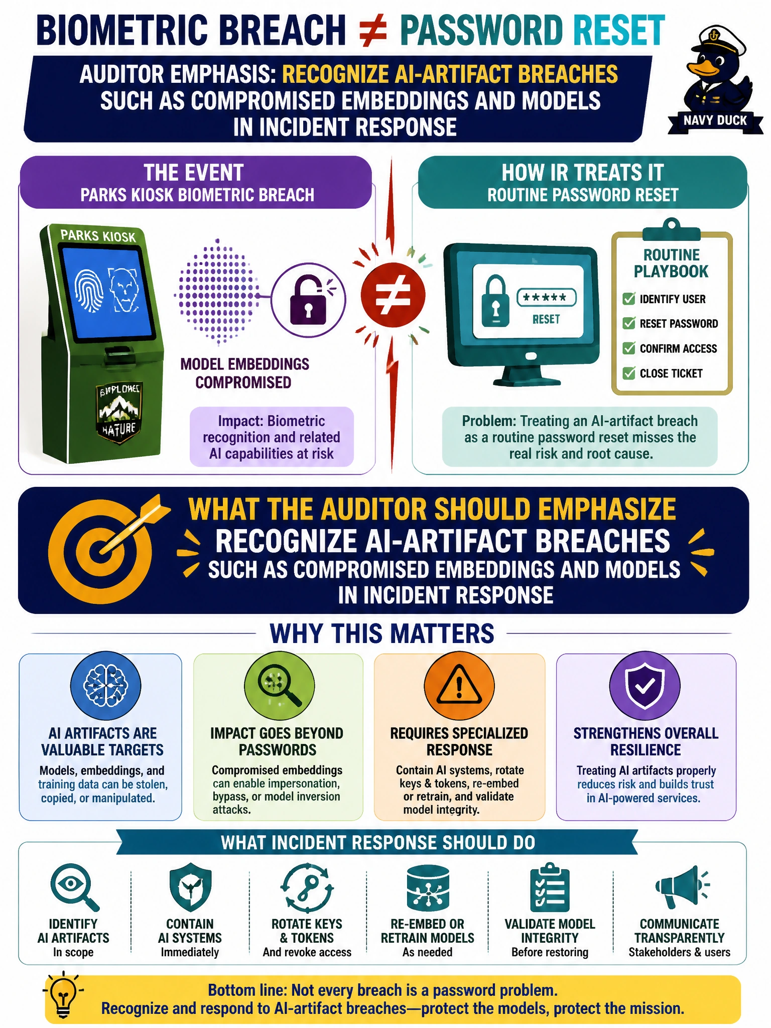 To Create an exciting colorful infographic that explains the concepts in the question: Question: A parks kiosk biometric breach involves model embeddings, yet IR treats the event as a routine password reset. What should the auditor emphasize? Correct Answer: Recognize AI-artifact breaches such as compromised embeddings and models in incident response Put EVERY visible label in double quotes. No people. No A/B/C/D letters. In one of the four corners put a little "Navy Duck".