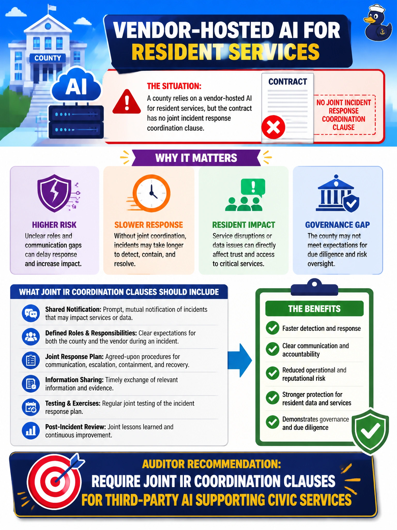 To Create an exciting colorful infographic that explains the concepts in the question: Question: A county relies on a vendor-hosted AI for resident services, but the contract has no joint incident response coordination clause. What should the auditor recommend? Correct Answer: Require joint IR coordination clauses for third-party AI supporting civic services Put EVERY visible label in double quotes. No people. No A/B/C/D letters. In one of the four corners put a little "Navy Duck".