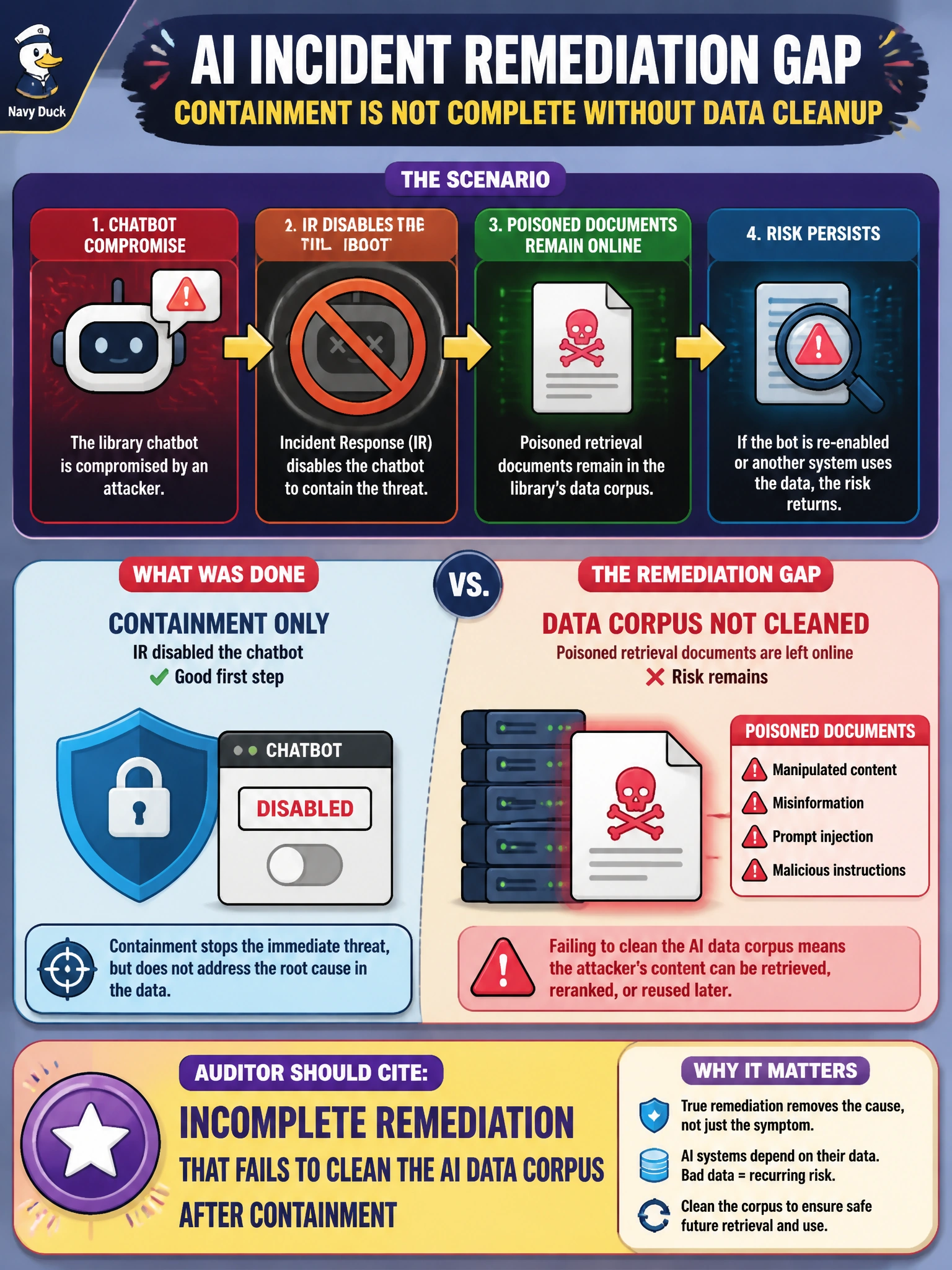 To Create an exciting colorful infographic that explains the concepts in the question: Question: After a library chatbot compromise, IR disables the bot but leaves poisoned retrieval documents online. What remediation gap should the auditor cite? Correct Answer: Incomplete remediation that fails to clean the AI data corpus after containment Put EVERY visible label in double quotes. No people. No A/B/C/D letters. In one of the four corners put a little "Navy Duck".