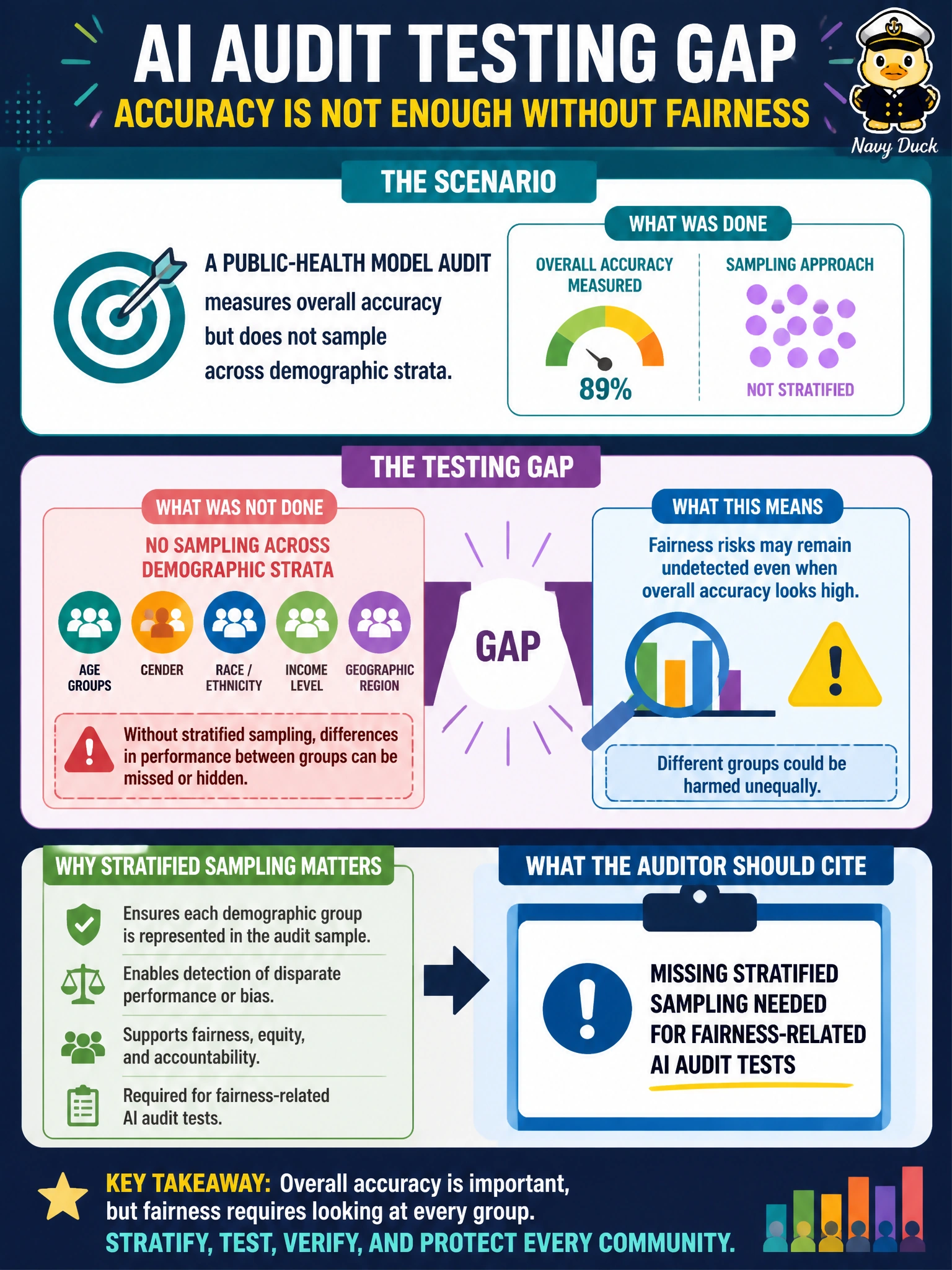 To Create an exciting colorful infographic that explains the concepts in the question: Question: A public-health model audit measures overall accuracy but does not sample across demographic strata. What testing gap should the auditor cite? Correct Answer: Missing stratified sampling needed for fairness-related AI audit tests Put EVERY visible label in double quotes. No people. No A/B/C/D letters. In one of the four corners put a little "Navy Duck".