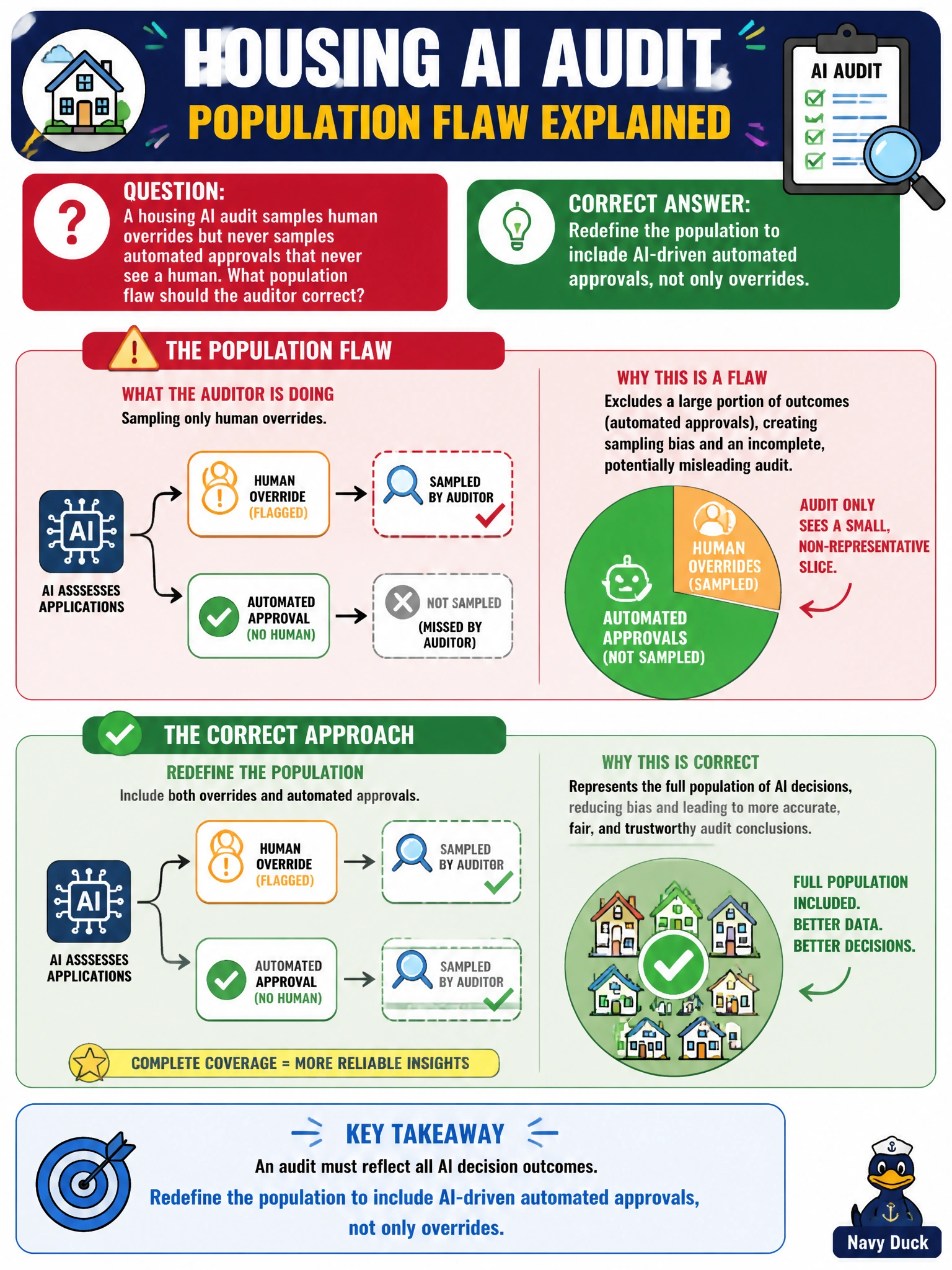 To Create an exciting colorful infographic that explains the concepts in the question: Question: A housing AI audit samples human overrides but never samples automated approvals that never see a human. What population flaw should the auditor correct? Correct Answer: Redefine the population to include AI-driven automated approvals, not only overrides Put EVERY visible label in double quotes. No people. No A/B/C/D letters. In one of the four corners put a little "Navy Duck".