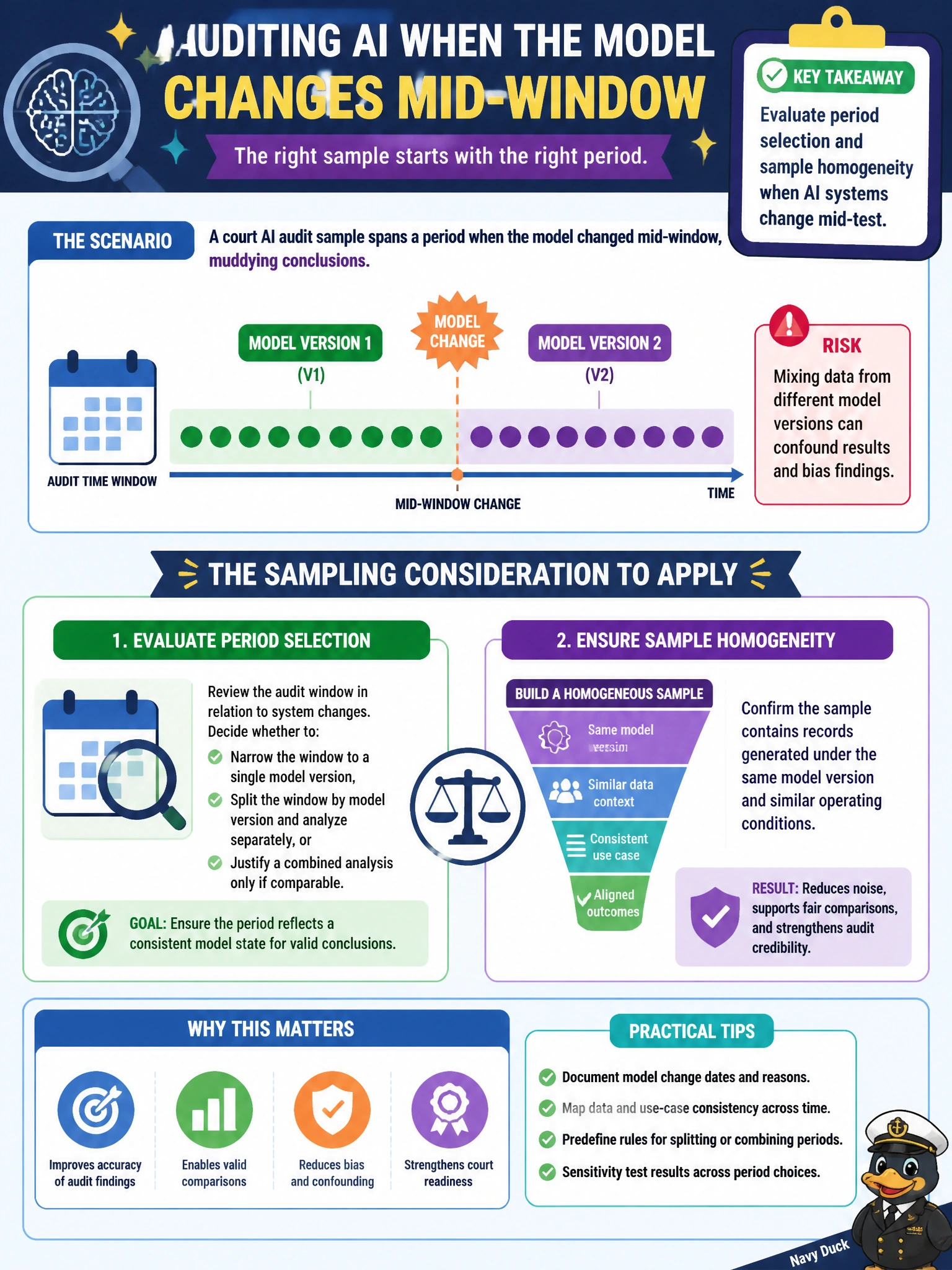 To Create an exciting colorful infographic that explains the concepts in the question: Question: A court AI audit sample spans a period when the model changed mid-window, muddying conclusions. What sampling consideration should the auditor apply? Correct Answer: Evaluate period selection and sample homogeneity when AI systems change mid-test Put EVERY visible label in double quotes. No people. No A/B/C/D letters. In one of the four corners put a little "Navy Duck".