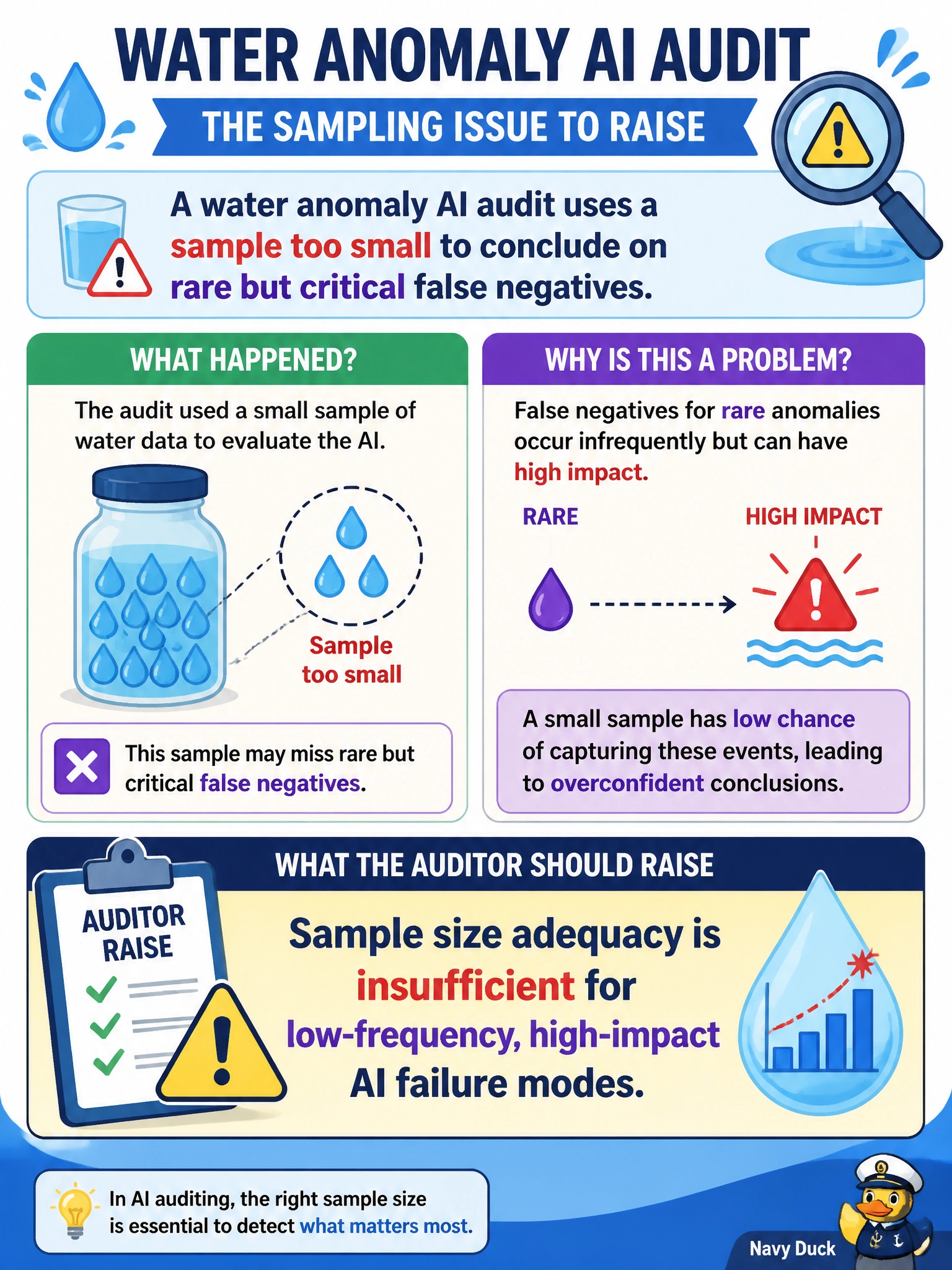 To Create an exciting colorful infographic that explains the concepts in the question: Question: A water anomaly AI audit uses a sample too small to conclude on rare but critical false negatives. What sampling issue should the auditor raise? Correct Answer: Sample size adequacy is insufficient for low-frequency, high-impact AI failure modes Put EVERY visible label in double quotes. No people. No A/B/C/D letters. In one of the four corners put a little "Navy Duck".