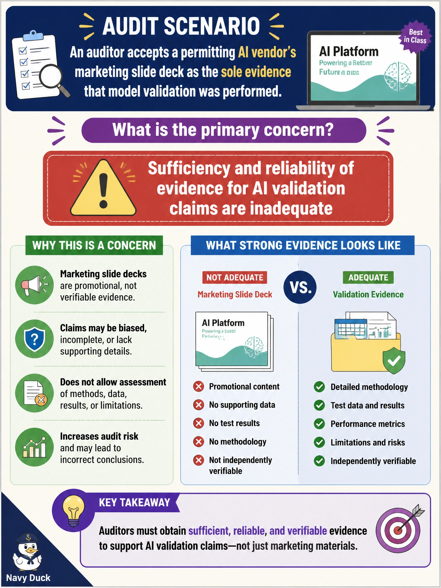 To Create an exciting colorful infographic that explains the concepts in the question: Question: An auditor accepts a permitting AI vendor's marketing slide deck as the sole evidence that model validation was performed. What is the primary concern? Correct Answer: Sufficiency and reliability of evidence for AI validation claims are inadequate Put EVERY visible label in double quotes. No people. No A/B/C/D letters. In one of the four corners put a little "Navy Duck".