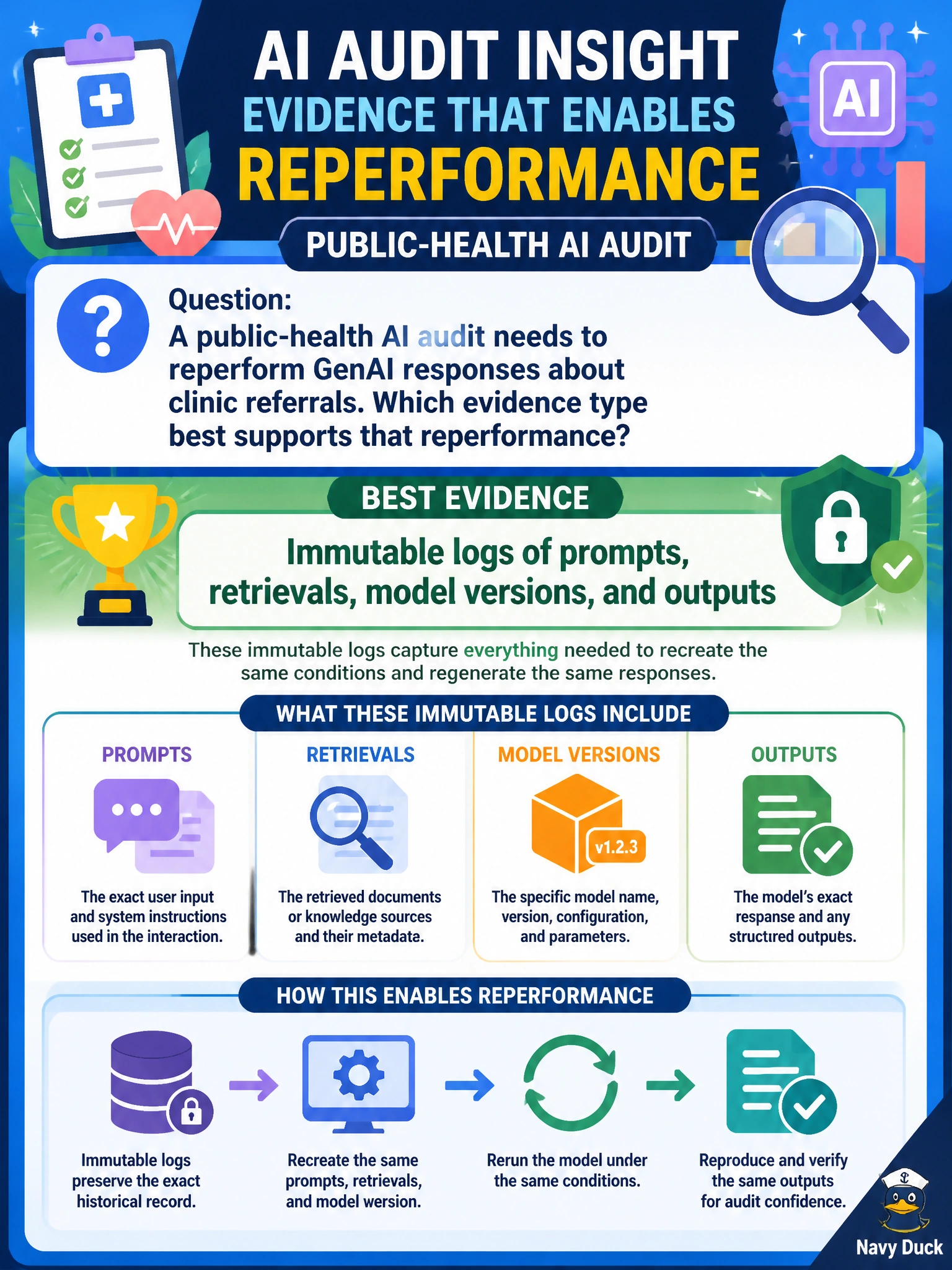 To Create an exciting colorful infographic that explains the concepts in the question: Question: A public-health AI audit needs to reperform GenAI responses about clinic referrals. Which evidence type best supports that reperformance? Correct Answer: Immutable logs of prompts, retrievals, model versions, and outputs Put EVERY visible label in double quotes. No people. No A/B/C/D letters. In one of the four corners put a little "Navy Duck".
