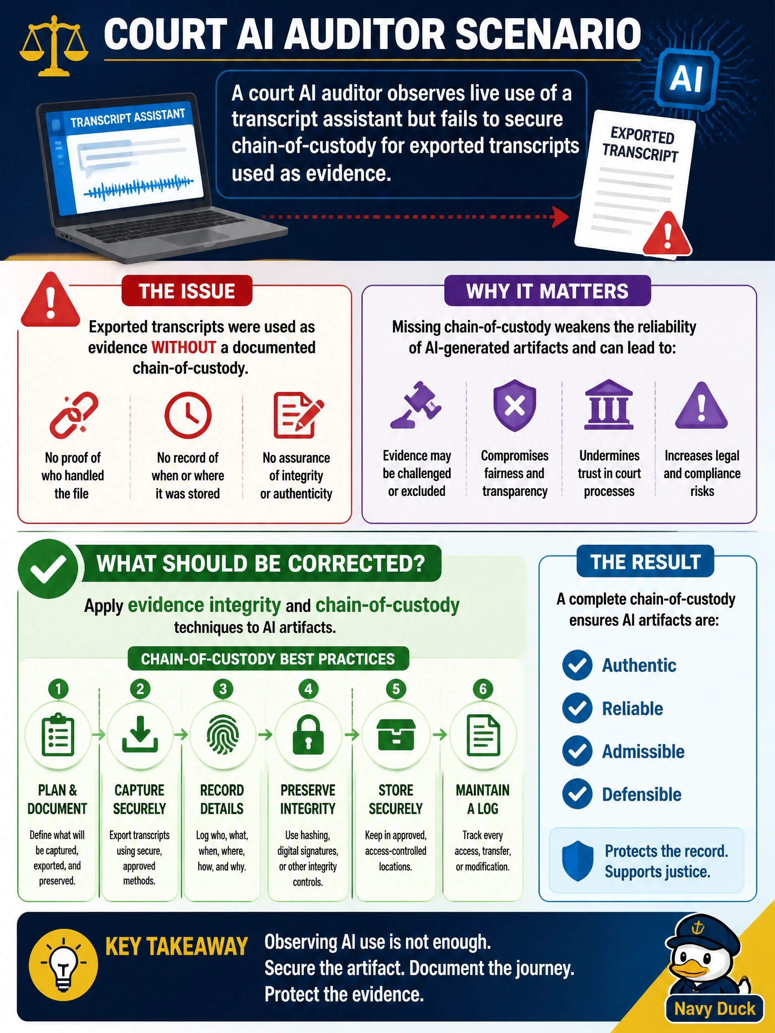 To Create an exciting colorful infographic that explains the concepts in the question: Question: A court AI auditor observes live use of a transcript assistant but fails to secure chain-of-custody for exported transcripts used as evidence. What should be corrected? Correct Answer: Apply evidence integrity and chain-of-custody techniques to AI artifacts Put EVERY visible label in double quotes. No people. No A/B/C/D letters. In one of the four corners put a little "Navy Duck".