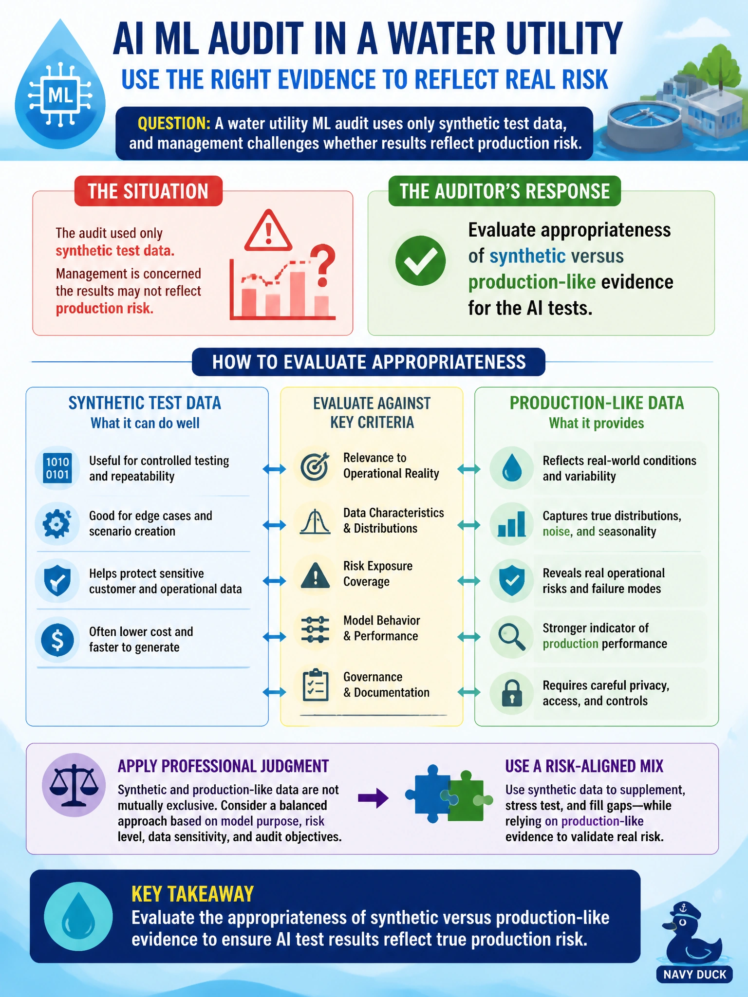 To Create an exciting colorful infographic that explains the concepts in the question: Question: A water utility ML audit uses only synthetic test data, and management challenges whether results reflect production risk. How should the auditor respond? Correct Answer: Evaluate appropriateness of synthetic versus production-like evidence for the AI tests Put EVERY visible label in double quotes. No people. No A/B/C/D letters. In one of the four corners put a little "Navy Duck".