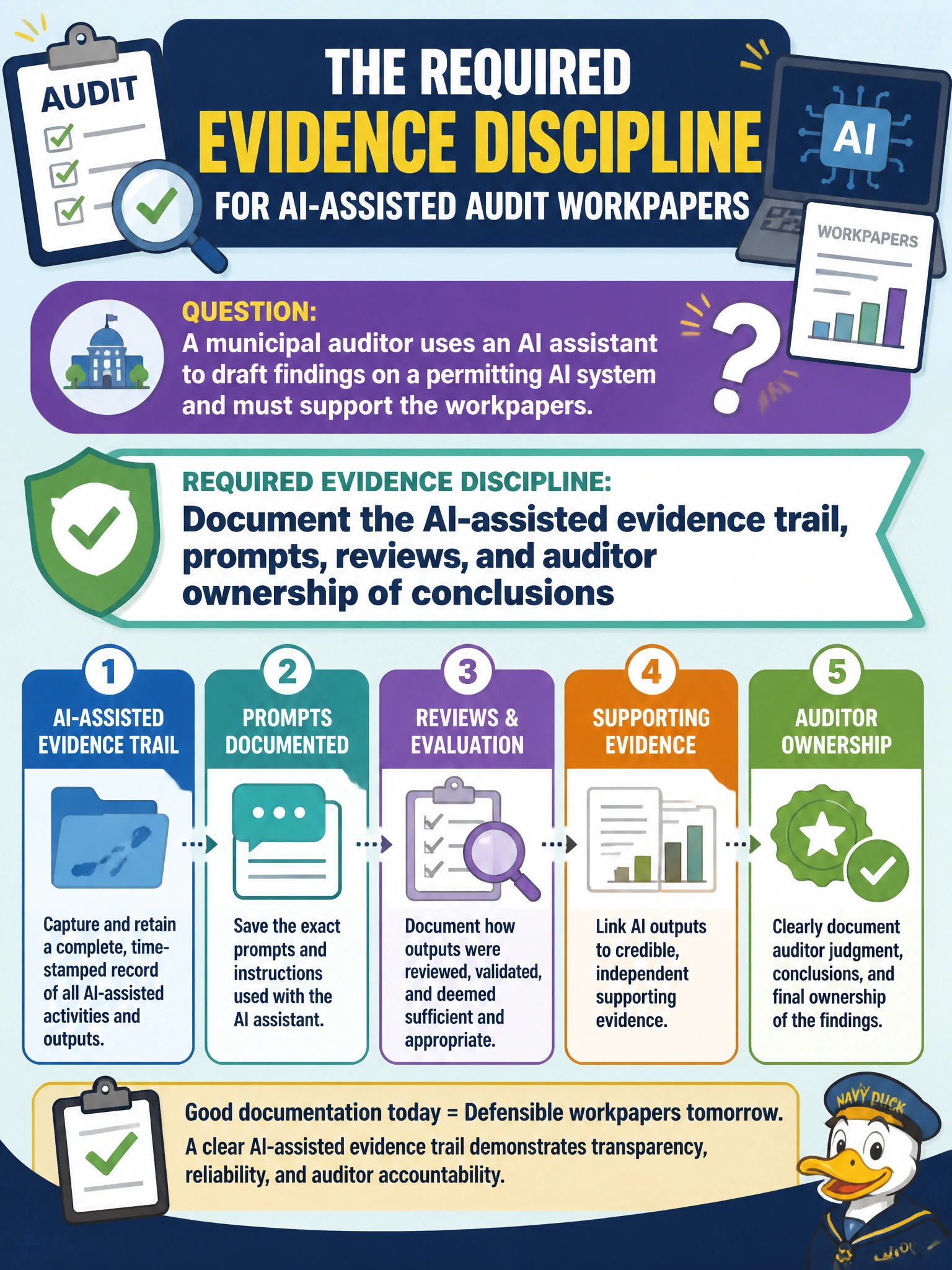 To Create an exciting colorful infographic that explains the concepts in the question: Question: A municipal auditor uses an AI assistant to draft findings on a permitting AI system and must support the workpapers. What evidence discipline is required? Correct Answer: Document the AI-assisted evidence trail, prompts, reviews, and auditor ownership of conclusions Put EVERY visible label in double quotes. No people. No A/B/C/D letters. In one of the four corners put a little "Navy Duck".