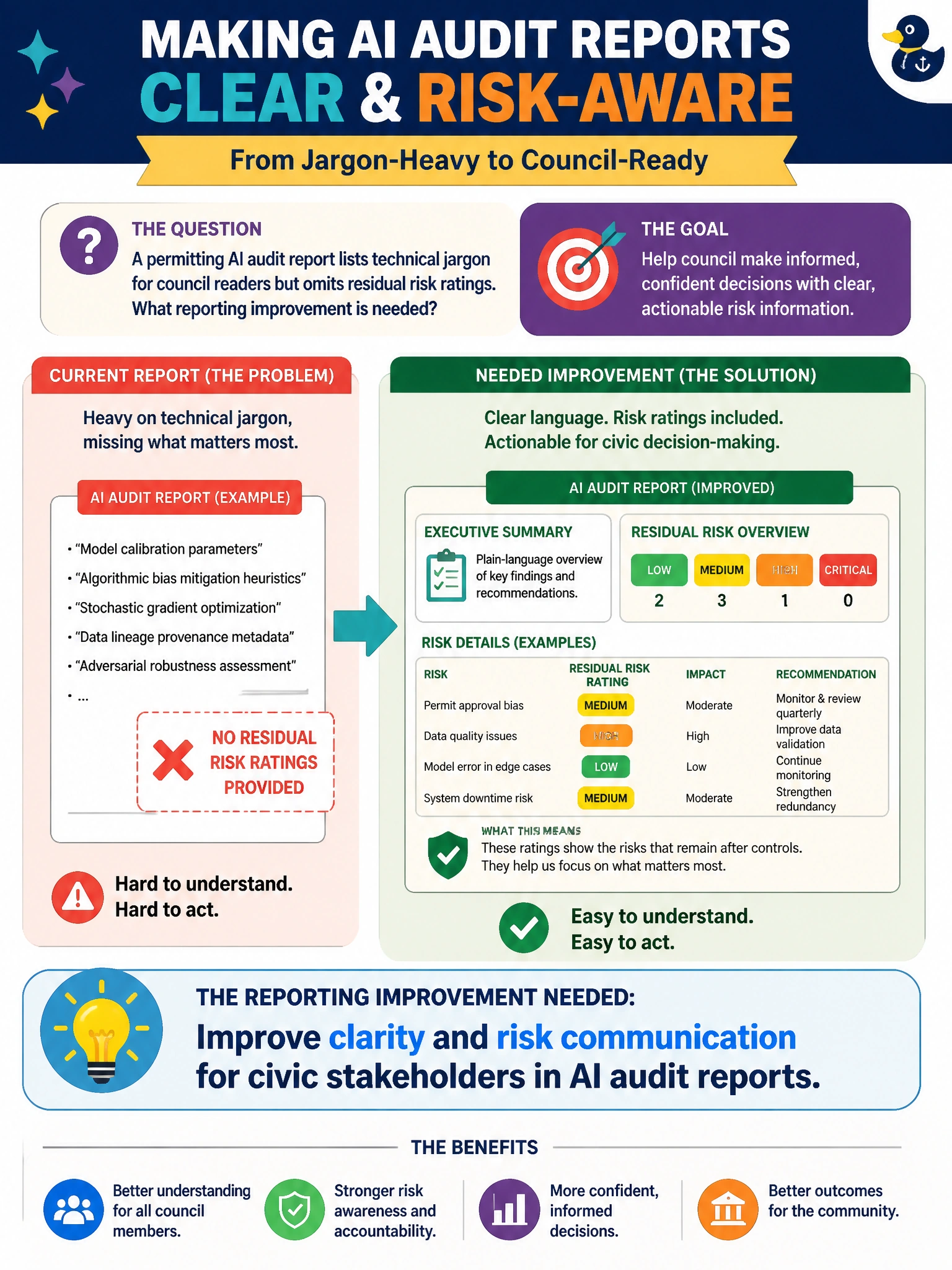To Create an exciting colorful infographic that explains the concepts in the question: Question: A permitting AI audit report lists technical jargon for council readers but omits residual risk ratings. What reporting improvement is needed? Correct Answer: Improve clarity and risk communication for civic stakeholders in AI audit reports Put EVERY visible label in double quotes. No people. No A/B/C/D letters. In one of the four corners put a little "Navy Duck".
