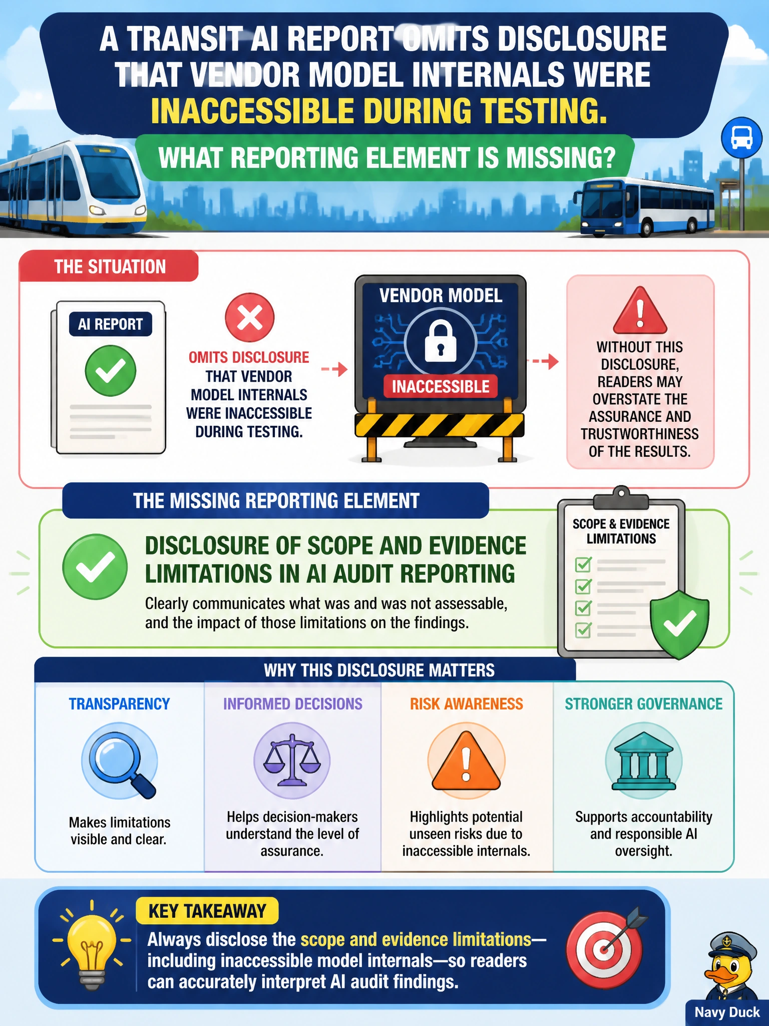 To Create an exciting colorful infographic that explains the concepts in the question: Question: A transit AI report omits disclosure that vendor model internals were inaccessible during testing. What reporting element is missing? Correct Answer: Disclosure of scope and evidence limitations in AI audit reporting Put EVERY visible label in double quotes. No people. No A/B/C/D letters. In one of the four corners put a little "Navy Duck".