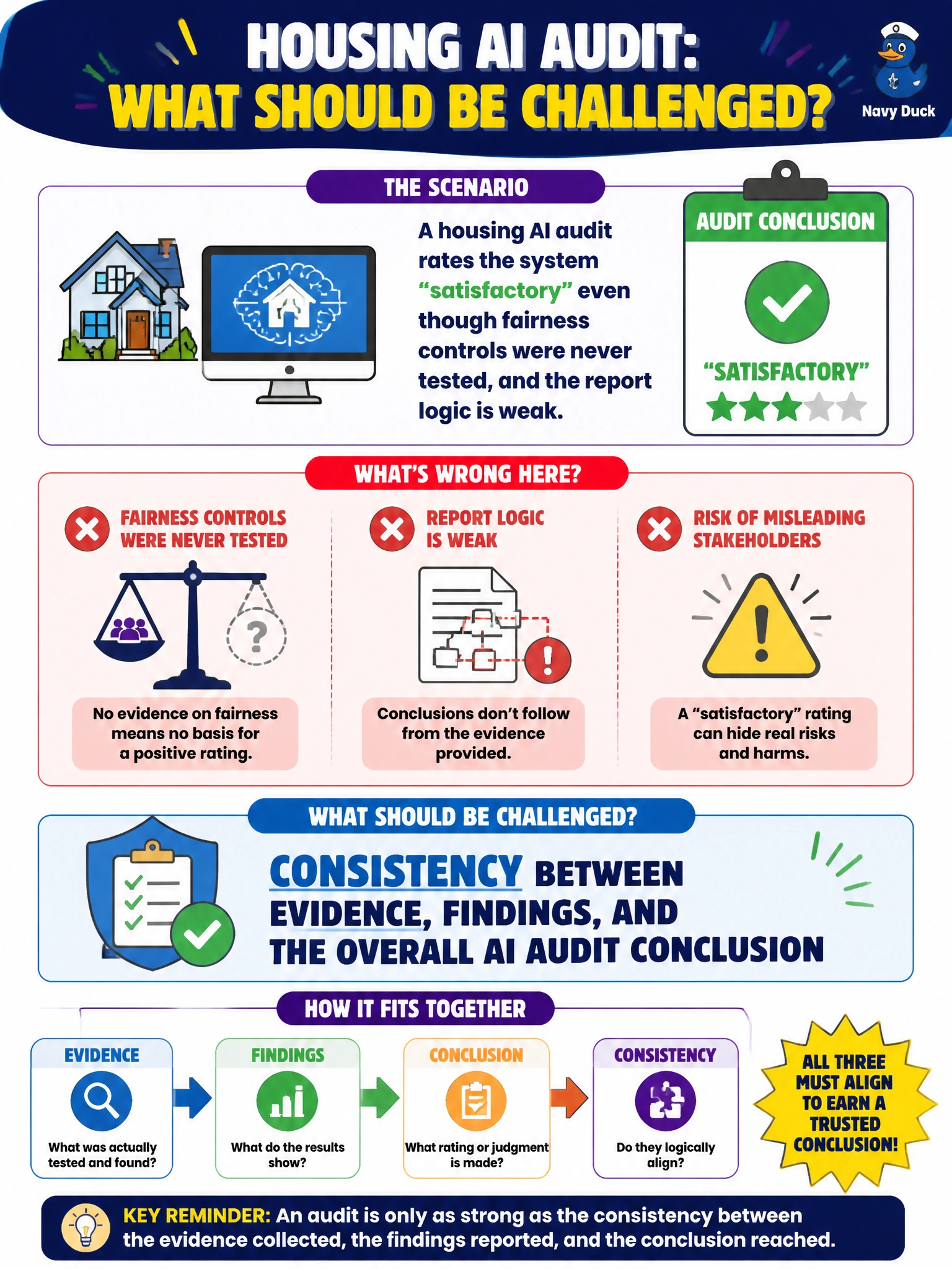 To Create an exciting colorful infographic that explains the concepts in the question: Question: A housing AI audit rates the system 'satisfactory' even though fairness controls were never tested, and the report logic is weak. What should be challenged? Correct Answer: Consistency between evidence, findings, and the overall AI audit conclusion Put EVERY visible label in double quotes. No people. No A/B/C/D letters. In one of the four corners put a little "Navy Duck".