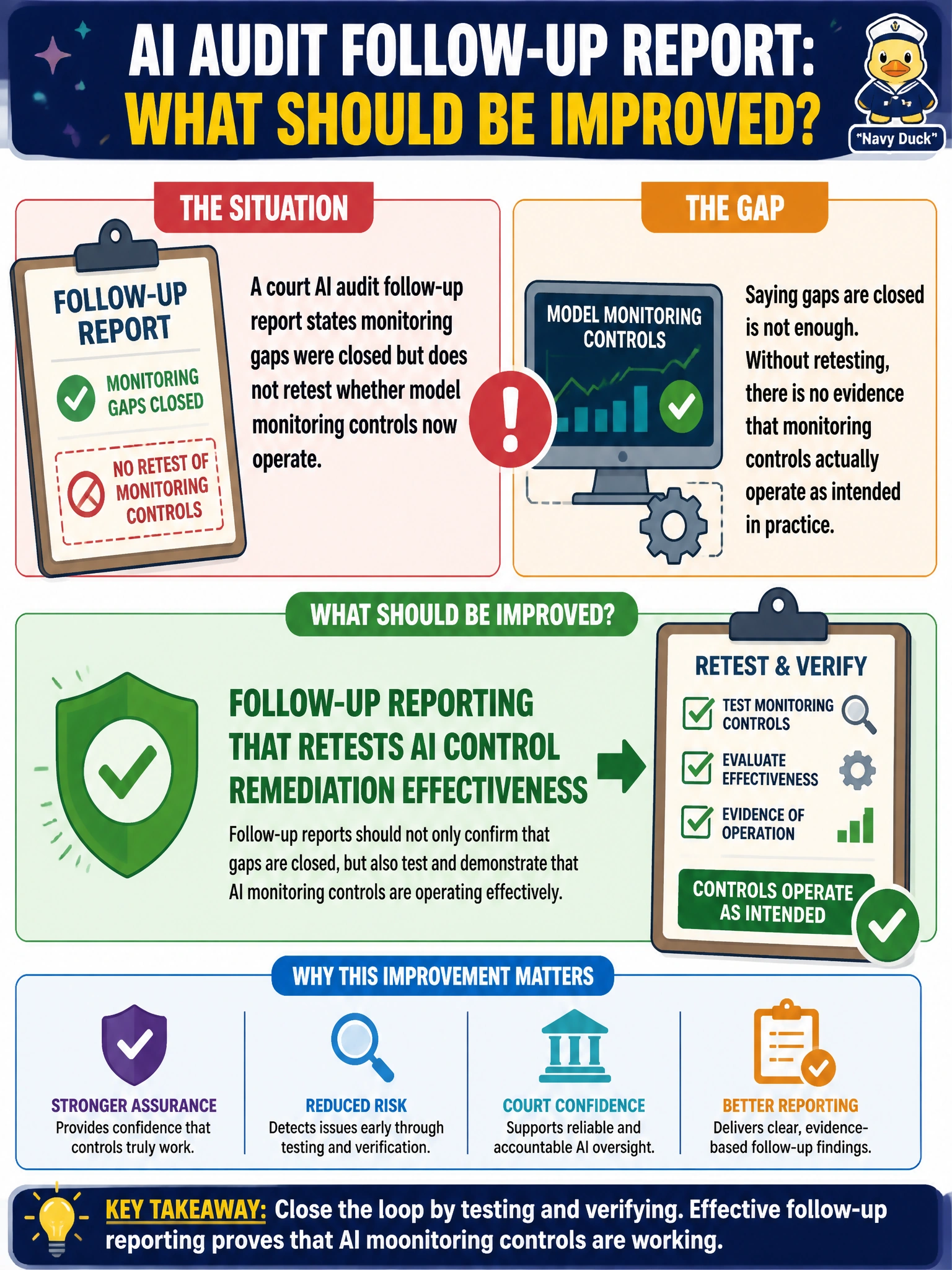 To Create an exciting colorful infographic that explains the concepts in the question: Question: A court AI audit follow-up report states monitoring gaps were closed but does not retest whether model monitoring controls now operate. What should be improved? Correct Answer: Follow-up reporting that retests AI control remediation effectiveness Put EVERY visible label in double quotes. No people. No A/B/C/D letters. In one of the four corners put a little "Navy Duck".