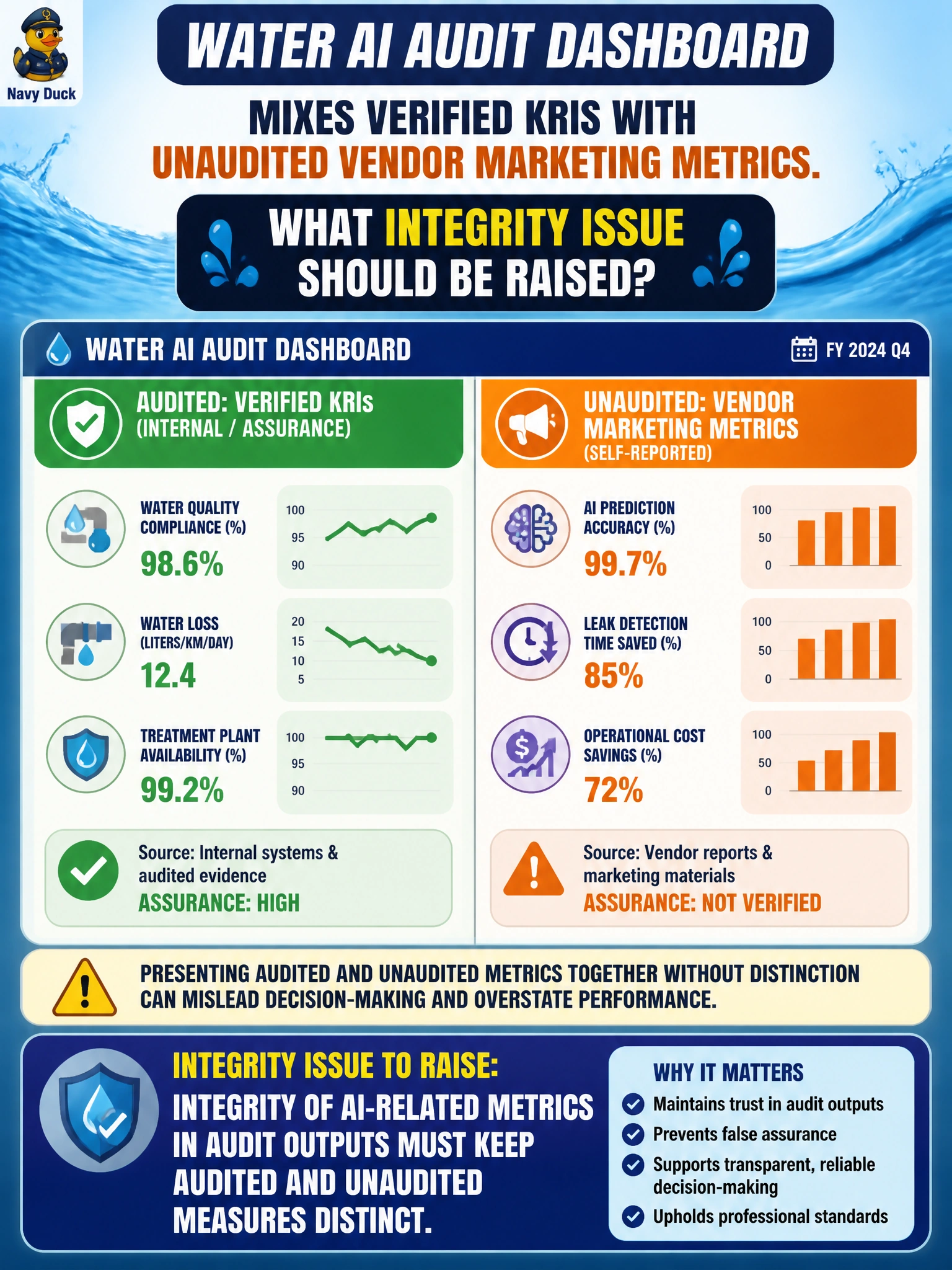 To Create an exciting colorful infographic that explains the concepts in the question: Question: A water AI audit dashboard for executives mixes verified KRIs with unaudited vendor marketing metrics. What integrity issue should be raised? Correct Answer: Integrity of AI-related metrics in audit outputs must keep audited and unaudited measures distinct Put EVERY visible label in double quotes. No people. No A/B/C/D letters. In one of the four corners put a little "Navy Duck".