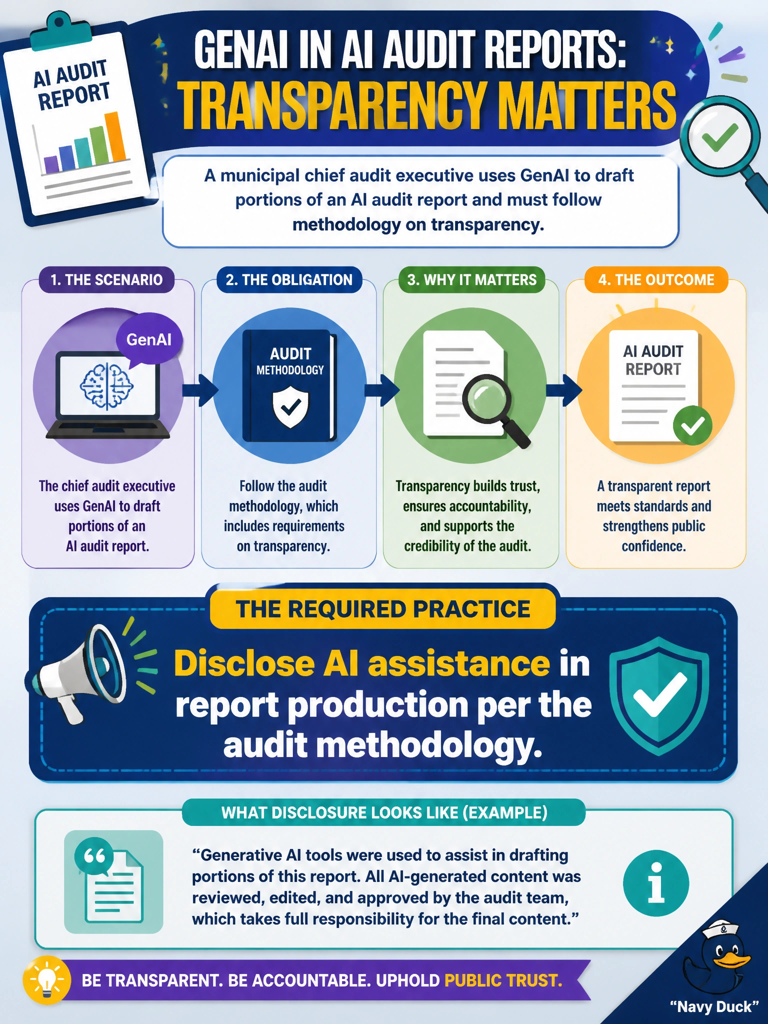 To Create an exciting colorful infographic that explains the concepts in the question: Question: A municipal chief audit executive uses GenAI to draft portions of an AI audit report and must follow methodology on transparency. What practice is required? Correct Answer: Disclose AI assistance in report production per the audit methodology Put EVERY visible label in double quotes. No people. No A/B/C/D letters. In one of the four corners put a little "Navy Duck".