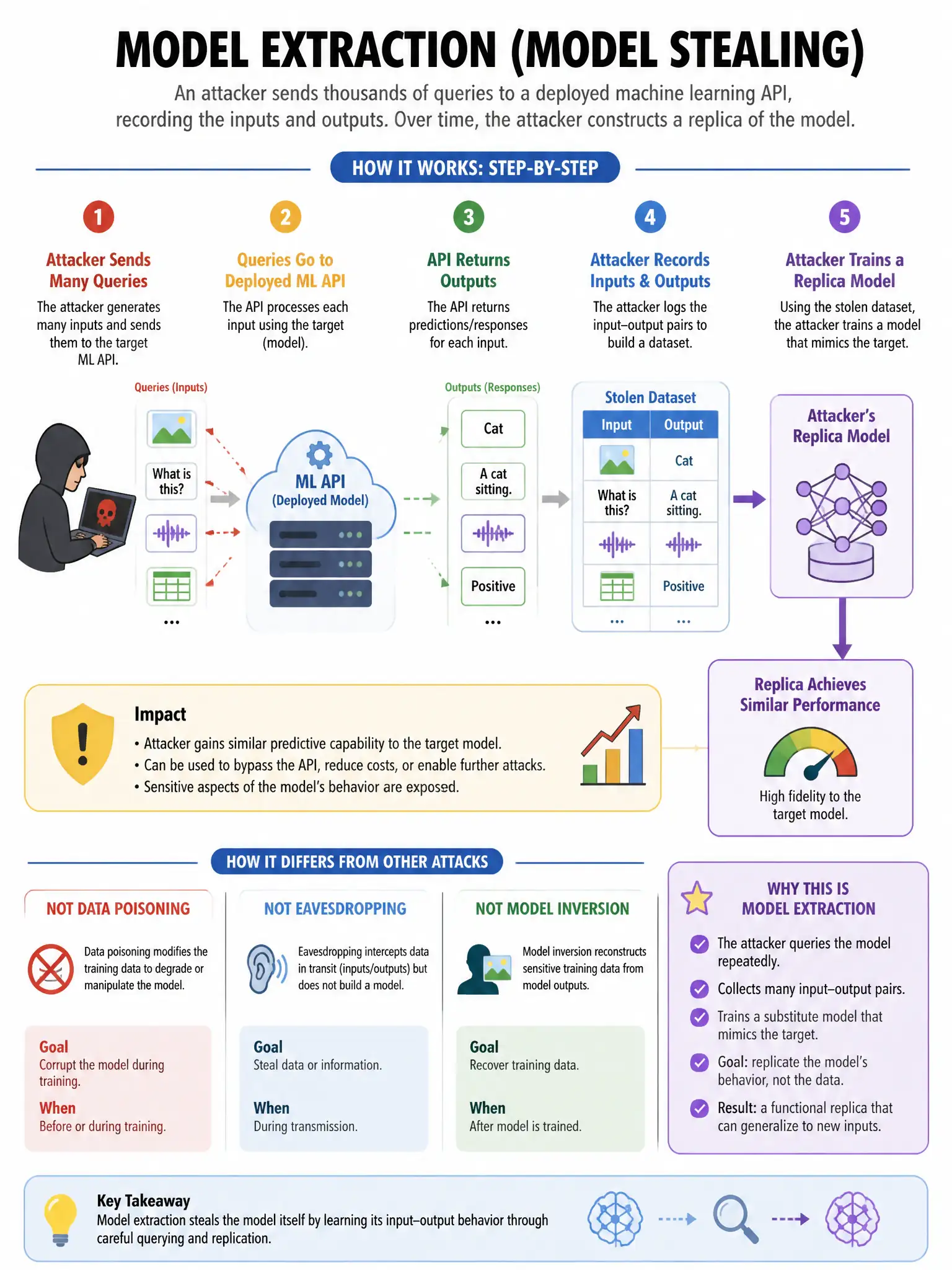 Portrait educational infographic teaching: An attacker sends thousands of queries to a deployed machine learning API, recording the inputs and outputs. Over time, the attacker constructs a replica of the model. What type of. Show labeled components, decision flow, and the key distinction that makes the correct answer correct. Clean modern diagram style.