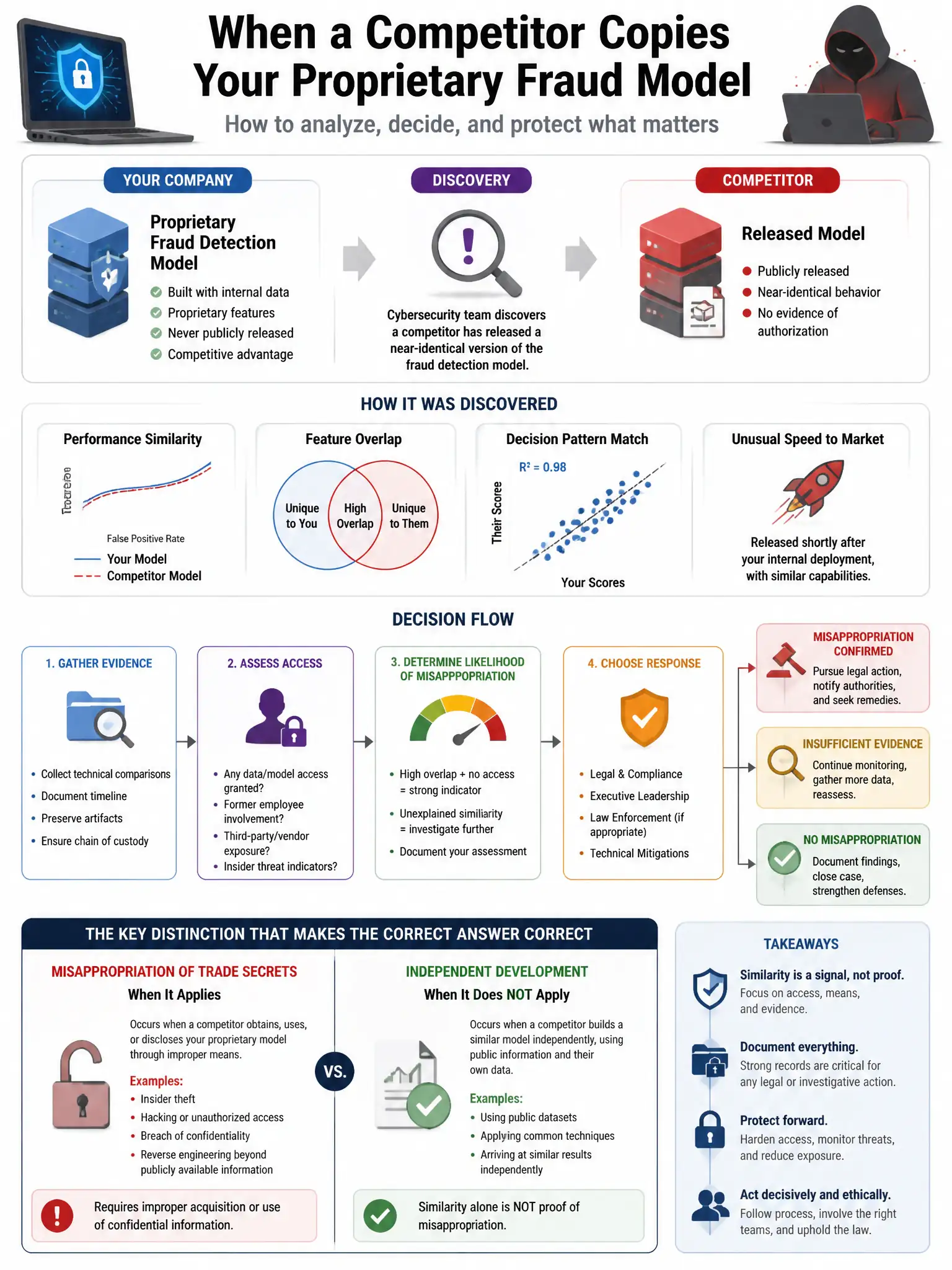 Portrait educational infographic teaching: A cybersecurity team discovers that a competitor has released a near-identical version of their proprietary fraud detection model. The internal model was never publicly released. W. Show labeled components, decision flow, and the key distinction that makes the correct answer correct. Clean modern diagram style.