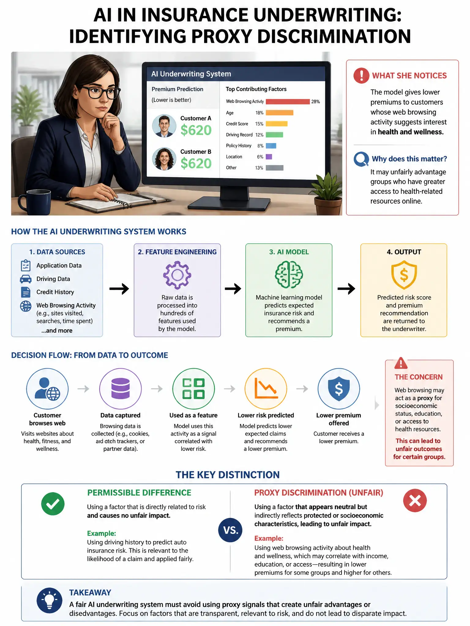 Portrait educational infographic teaching: A risk manager reviewing an AI-powered insurance underwriting system notices that the model assigns lower premiums to customers whose web browsing activity suggests interest in hea. Show labeled components, decision flow, and the key distinction that makes the correct answer correct. Clean modern diagram style.