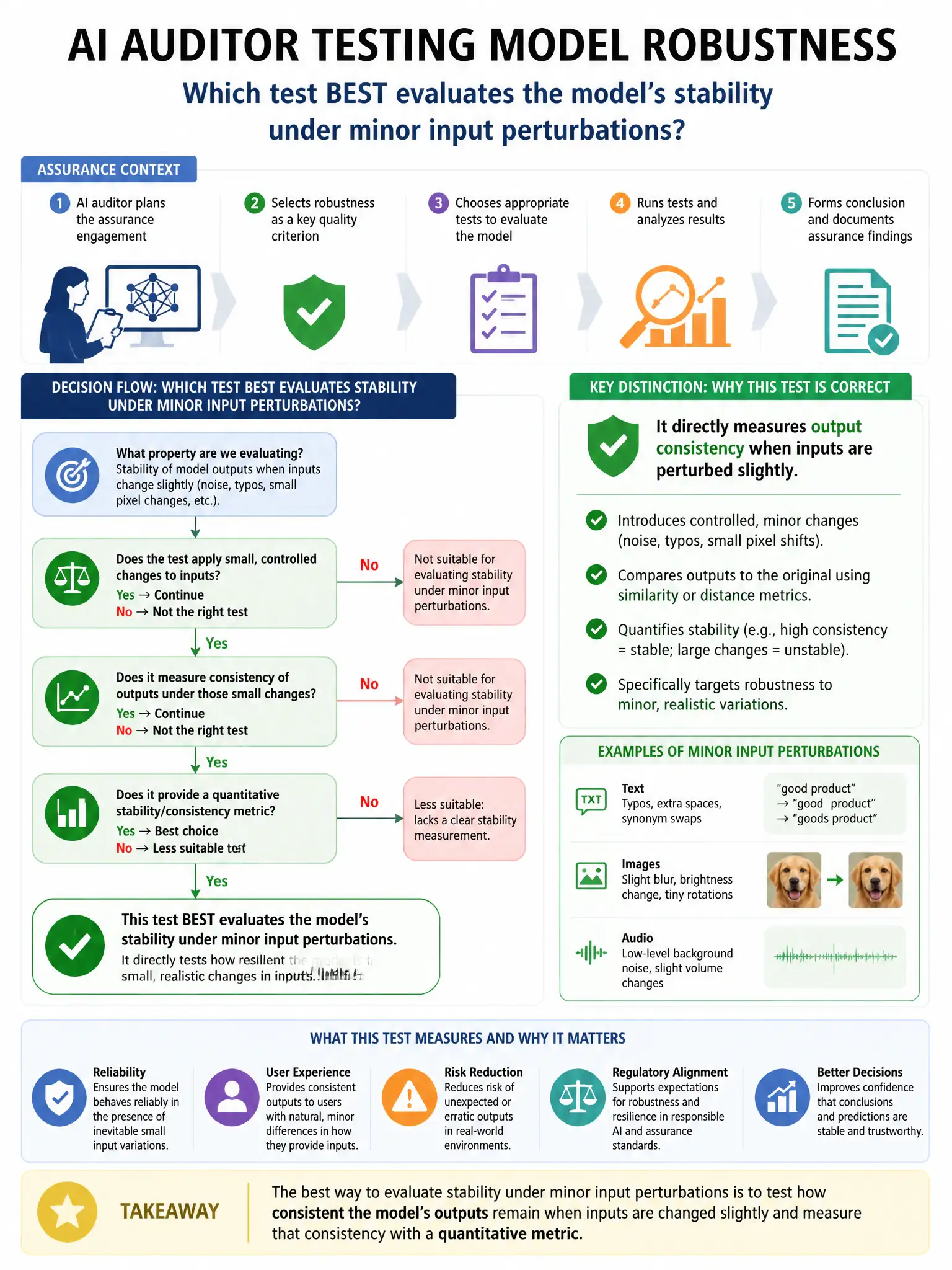 Portrait educational infographic teaching: An AI auditor is testing an AI model's robustness as part of an assurance engagement. Which test BEST evaluates the model's stability under minor input perturbations?. Show labeled components, decision flow, and the key distinction that makes the correct answer correct. Clean modern diagram style.