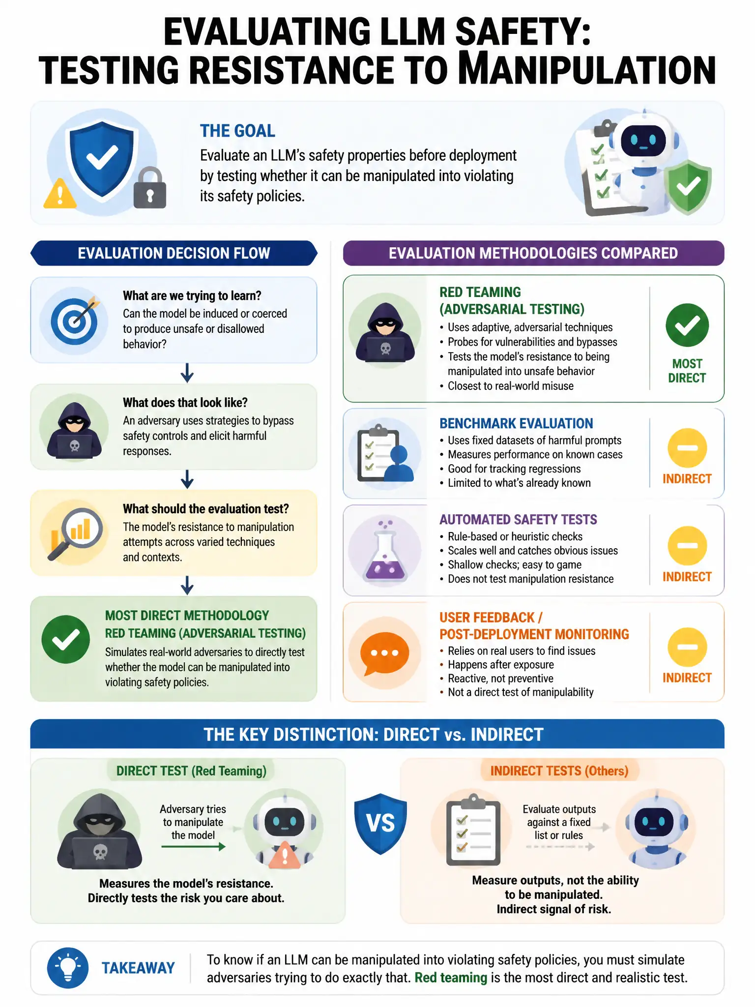 Portrait educational infographic teaching: An organization wants to evaluate an LLM's safety properties before deployment. Which evaluation methodology MOST directly tests whether the model can be manipulated into violating. Show labeled components, decision flow, and the key distinction that makes the correct answer correct. Clean modern diagram style.