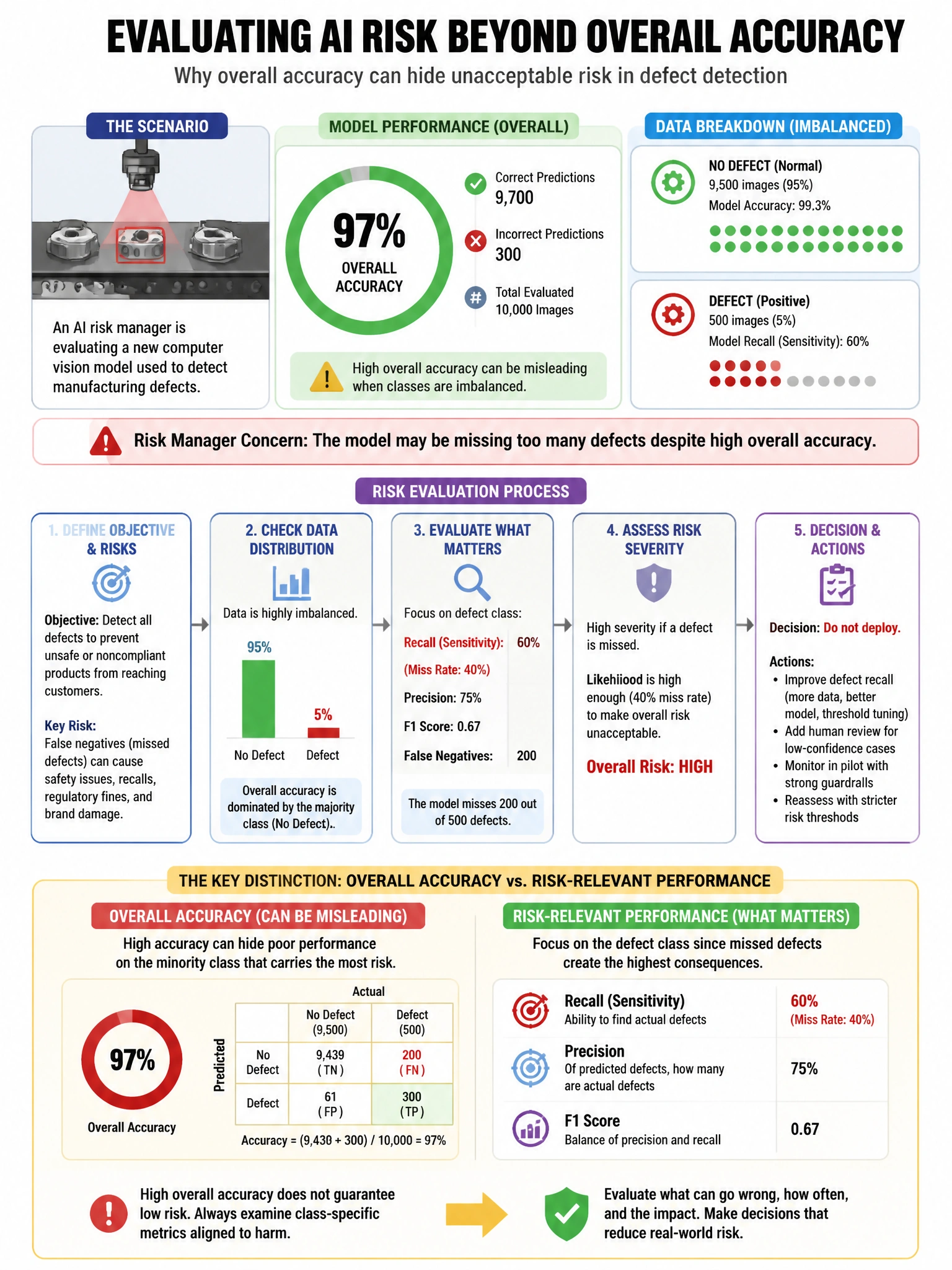 Portrait educational infographic teaching: An AI risk manager is evaluating a new computer vision model used to detect manufacturing defects. The model achieves 97% overall accuracy, but the risk manager is concerned about . Show labeled components, decision flow, and the key distinction that makes the correct answer correct. Clean modern diagram style.