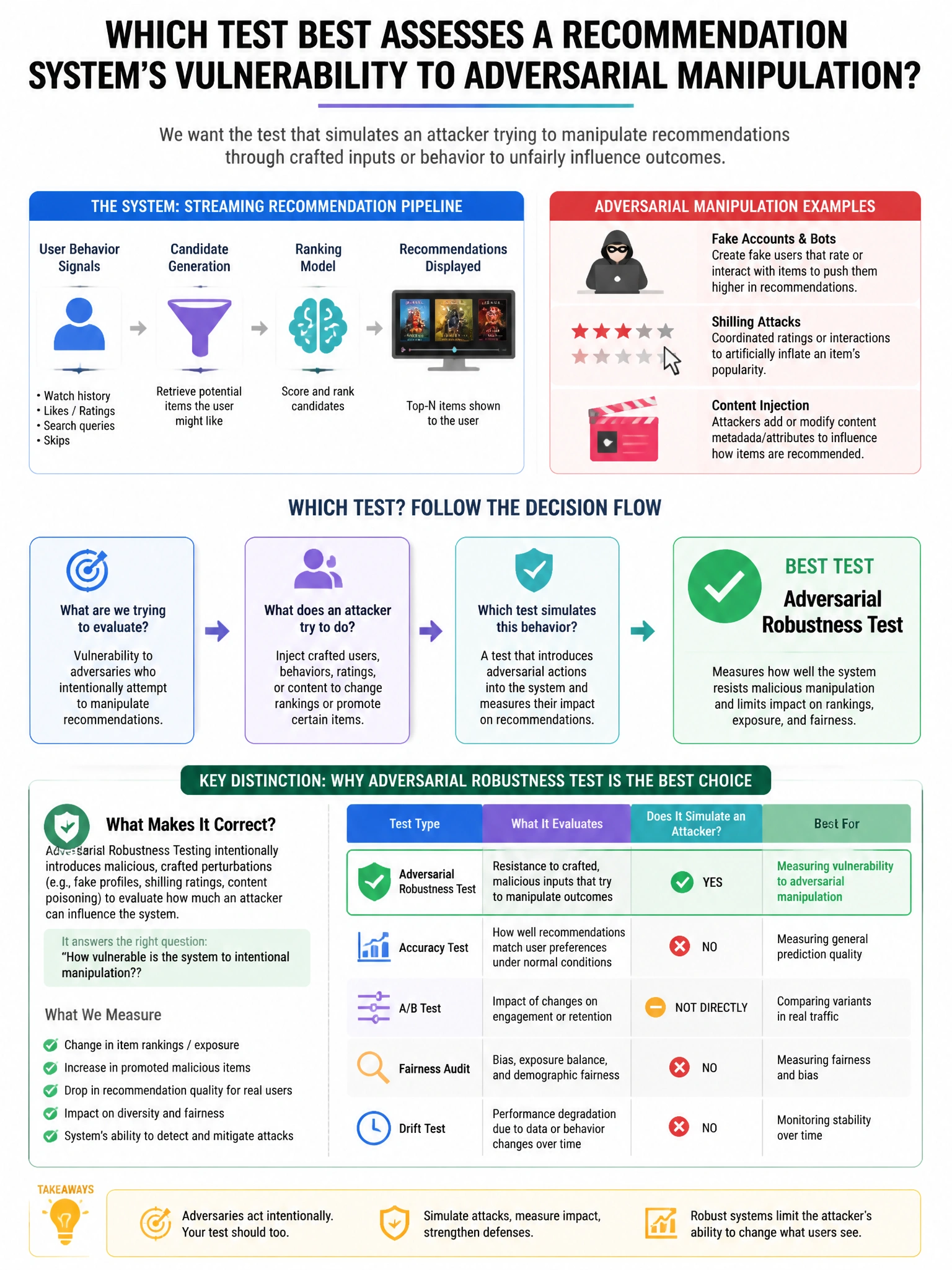 Portrait educational infographic teaching: An AI auditor is asked to evaluate the robustness of a recommendation system used in a streaming platform. Which test would BEST assess the model's vulnerability to adversarial man. Show labeled components, decision flow, and the key distinction that makes the correct answer correct. Clean modern diagram style.