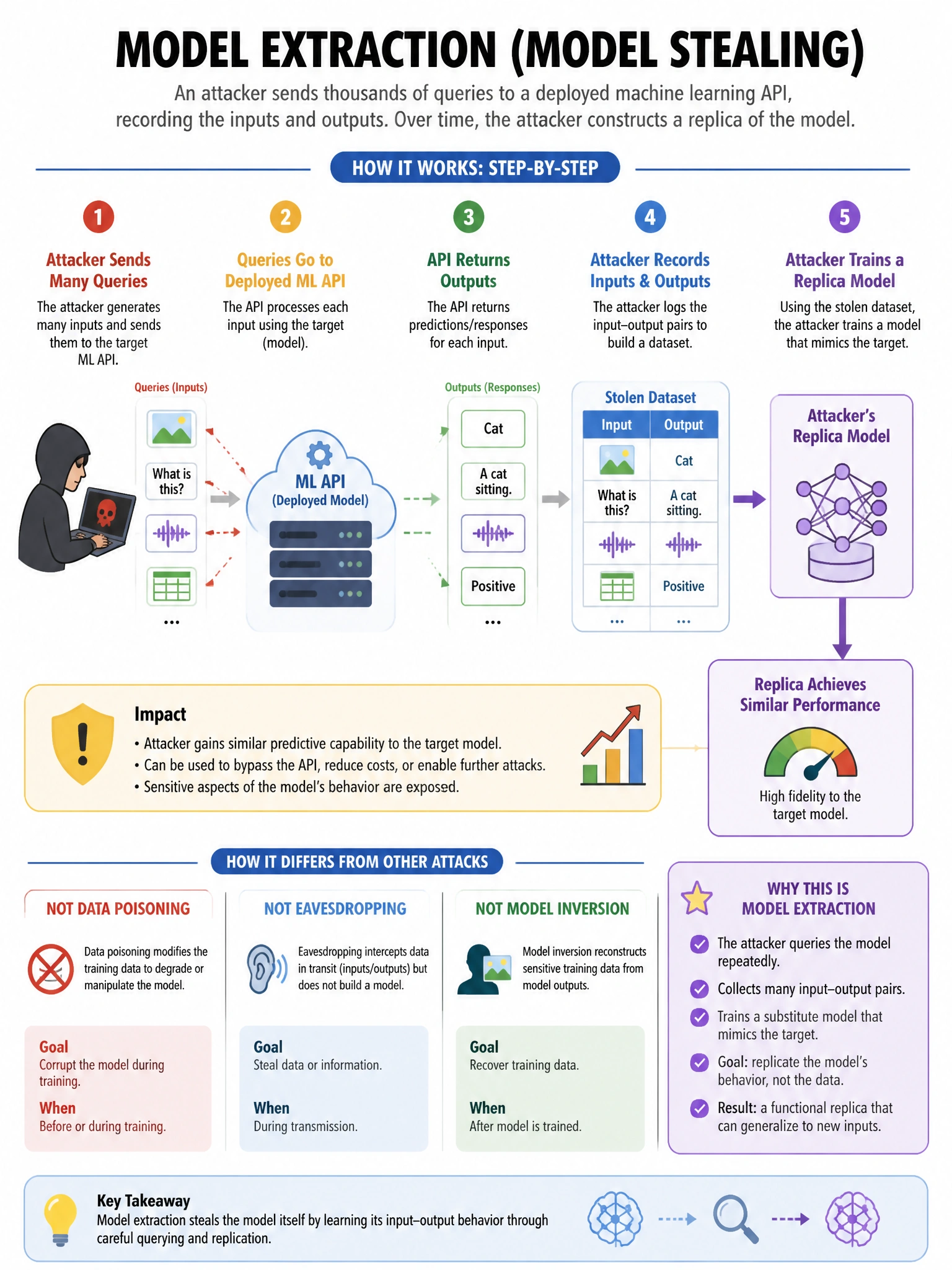 Portrait educational infographic teaching: An attacker sends thousands of queries to a deployed machine learning API, recording the inputs and outputs. Over time, the attacker constructs a replica of the model. What type of. Show labeled components, decision flow, and the key distinction that makes the correct answer correct. Clean modern diagram style.