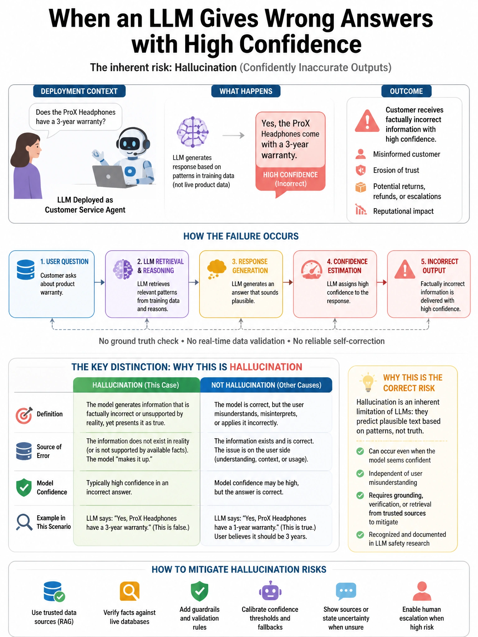 Portrait educational infographic teaching: A large language model deployed as a customer service agent begins providing factually incorrect information about product warranties with high confidence. Which inherent LLM risk . Show labeled components, decision flow, and the key distinction that makes the correct answer correct. Clean modern diagram style.