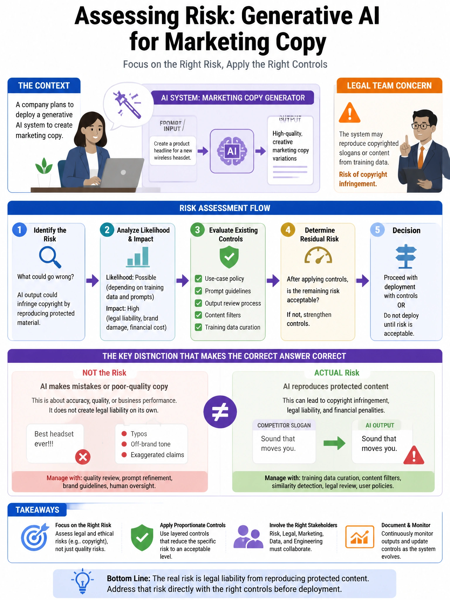Portrait educational infographic teaching: A company's AI risk team is asked to assess the risk of deploying a generative AI system for creating marketing copy. The legal team flags a concern about the system potentially re. Show labeled components, decision flow, and the key distinction that makes the correct answer correct. Clean modern diagram style.