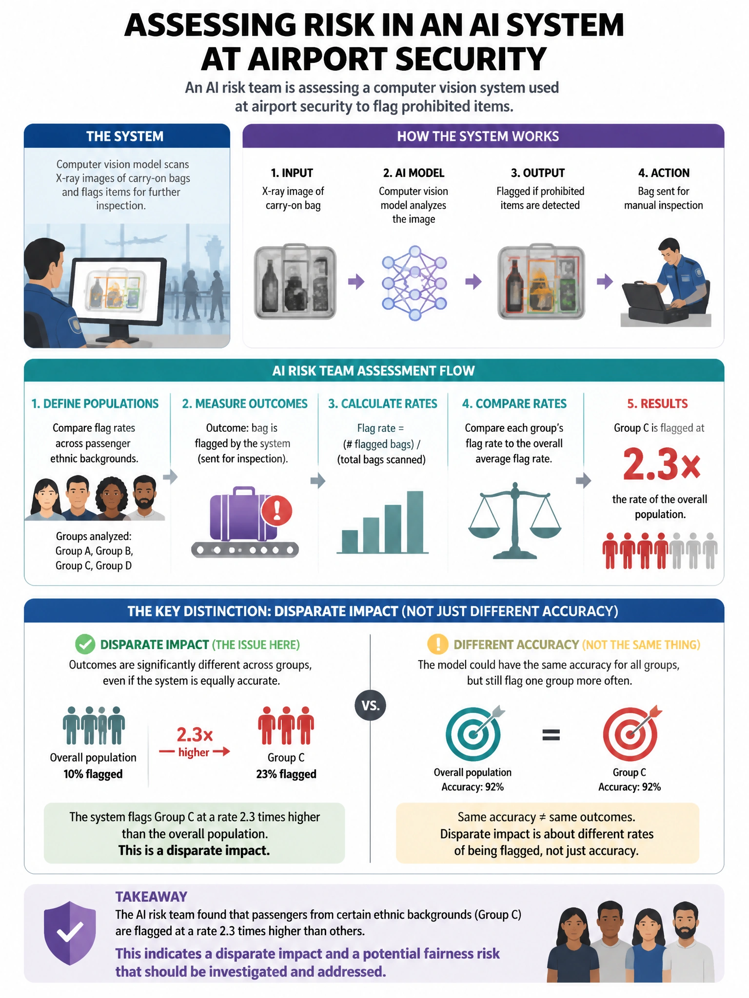 Portrait educational infographic teaching: An AI risk team is assessing a computer vision system used at airport security to flag prohibited items. The system flags passengers from certain ethnic backgrounds at a rate 2.3 t. Show labeled components, decision flow, and the key distinction that makes the correct answer correct. Clean modern diagram style.