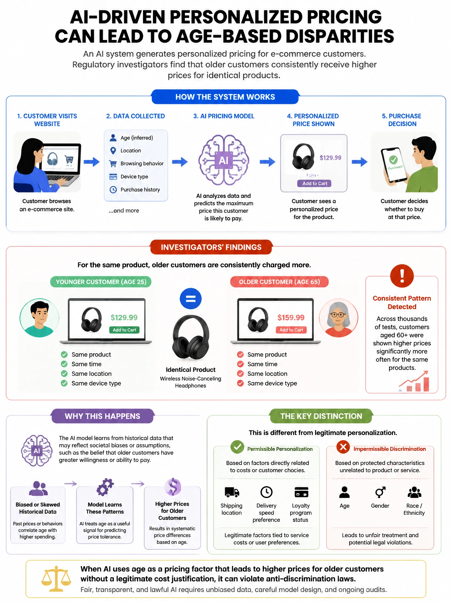 Portrait educational infographic teaching: An AI system generates personalized pricing for e-commerce customers. Regulatory investigators find that older customers consistently receive higher prices for identical products. . Show labeled components, decision flow, and the key distinction that makes the correct answer correct. Clean modern diagram style.