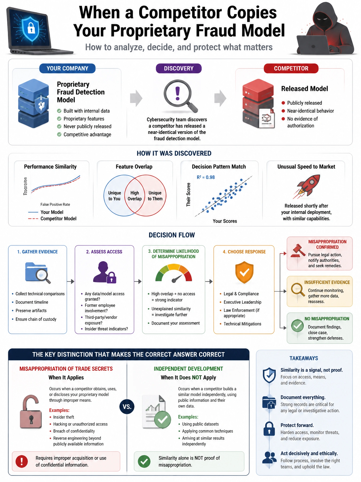Portrait educational infographic teaching: A cybersecurity team discovers that a competitor has released a near-identical version of their proprietary fraud detection model. The internal model was never publicly released. W. Show labeled components, decision flow, and the key distinction that makes the correct answer correct. Clean modern diagram style.