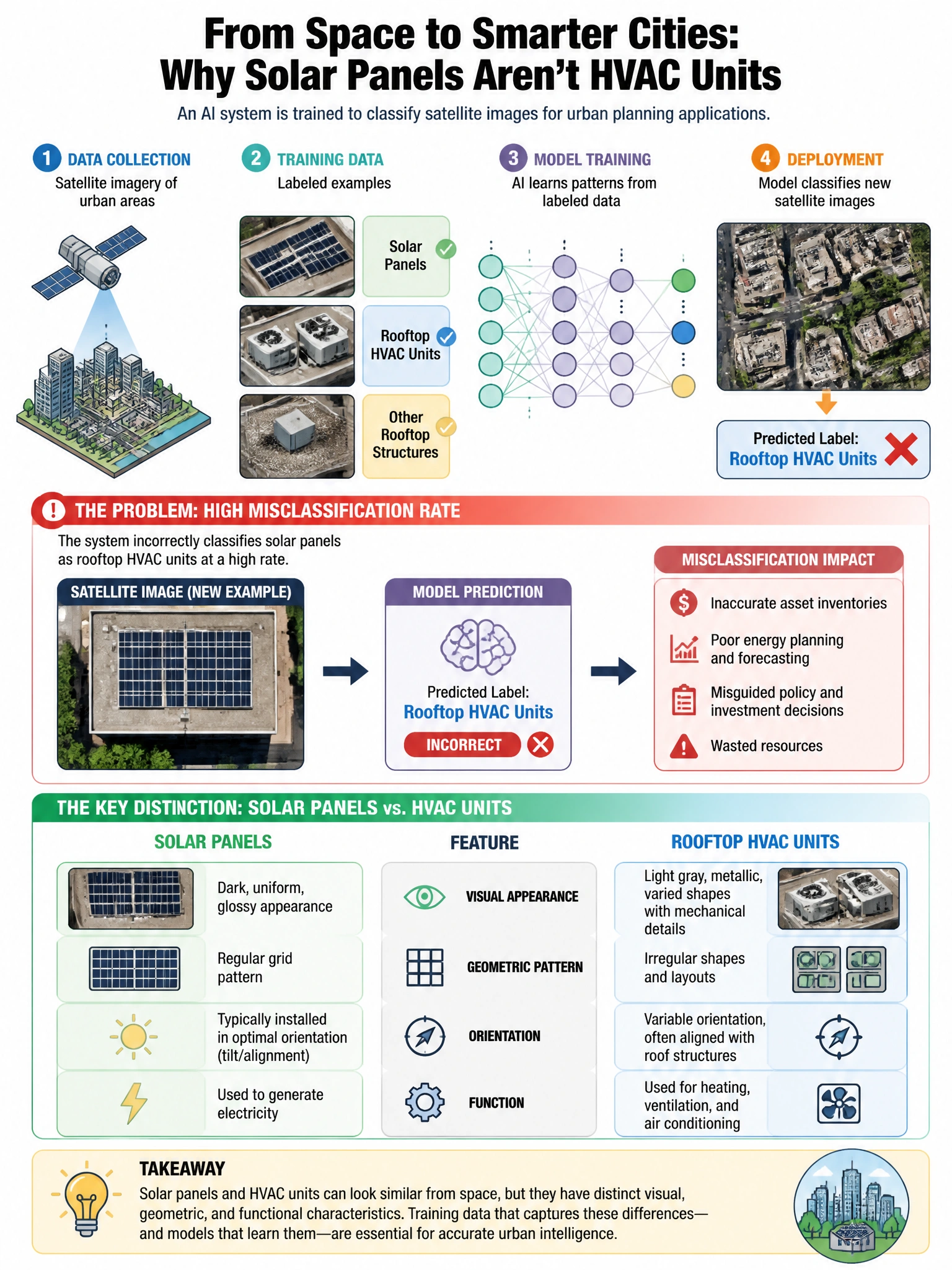 Portrait educational infographic teaching: An AI system is trained to classify satellite images for urban planning applications. The system incorrectly classifies solar panels as rooftop HVAC units at a high rate. The train. Show labeled components, decision flow, and the key distinction that makes the correct answer correct. Clean modern diagram style.