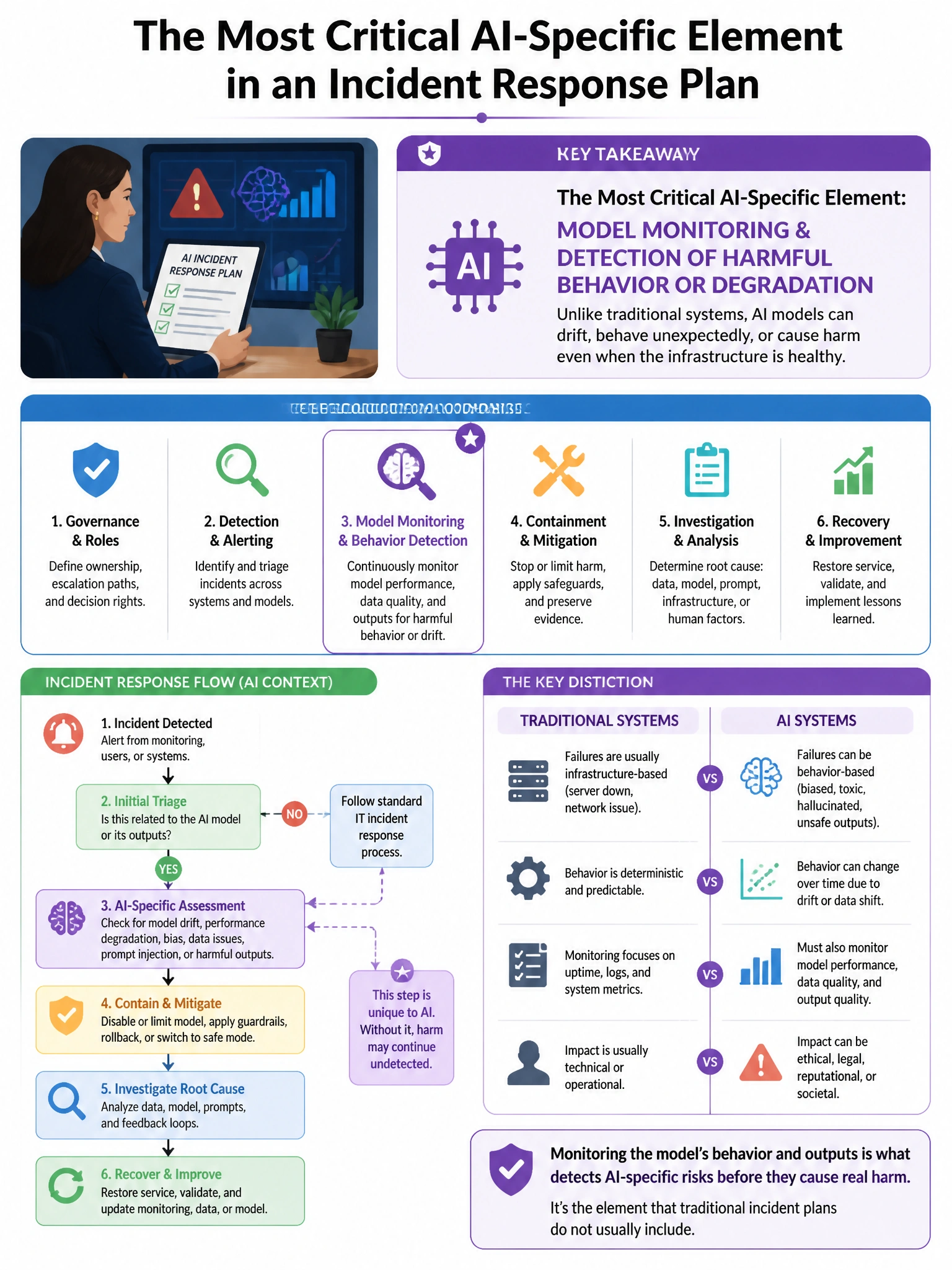Portrait educational infographic teaching: A risk manager is reviewing an organization's AI incident response plan. Which element is MOST critical to include specifically for AI-related incidents that would not necessarily . Show labeled components, decision flow, and the key distinction that makes the correct answer correct. Clean modern diagram style.