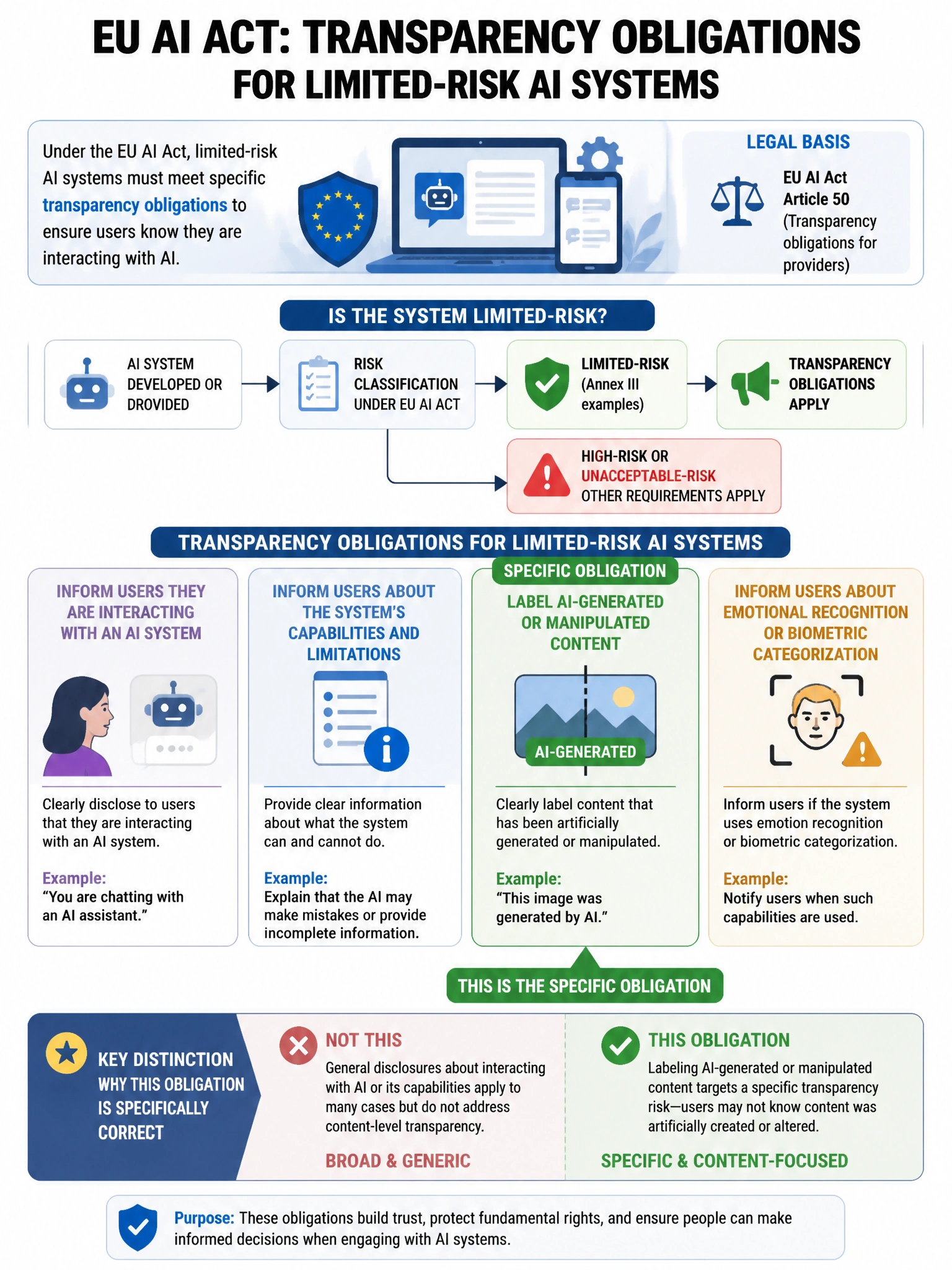 Portrait educational infographic teaching: A technology company's legal team advises that their AI system must comply with the EU AI Act's transparency obligations for limited-risk AI systems. Which obligation is SPECIFICAL. Show labeled components, decision flow, and the key distinction that makes the correct answer correct. Clean modern diagram style.