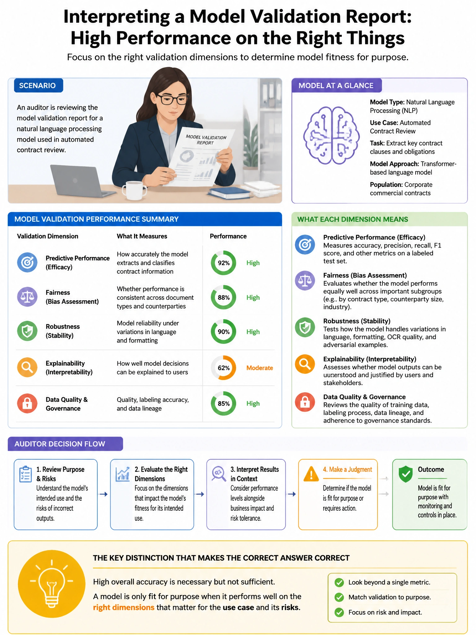 Portrait educational infographic teaching: An auditor is reviewing the model validation report for a natural language processing model used in automated contract review. The validation report shows high performance on the v. Show labeled components, decision flow, and the key distinction that makes the correct answer correct. Clean modern diagram style.