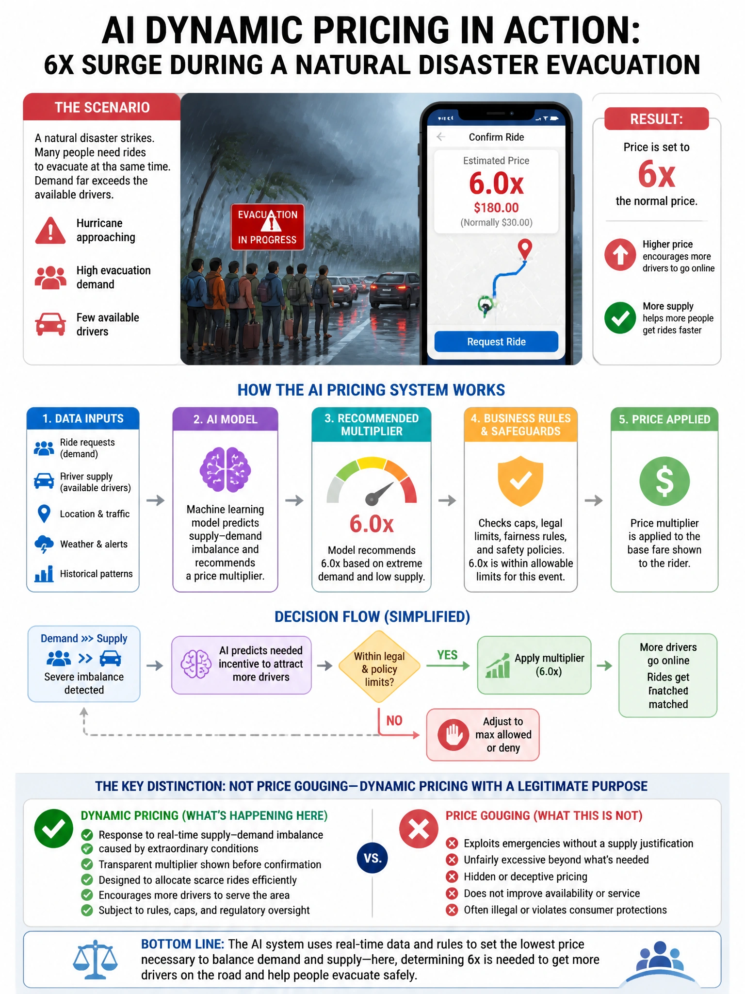 Portrait educational infographic teaching: A company uses an AI system to dynamically price ride-sharing services during periods of high demand. During a natural disaster evacuation, the system prices rides at 6x the normal. Show labeled components, decision flow, and the key distinction that makes the correct answer correct. Clean modern diagram style.