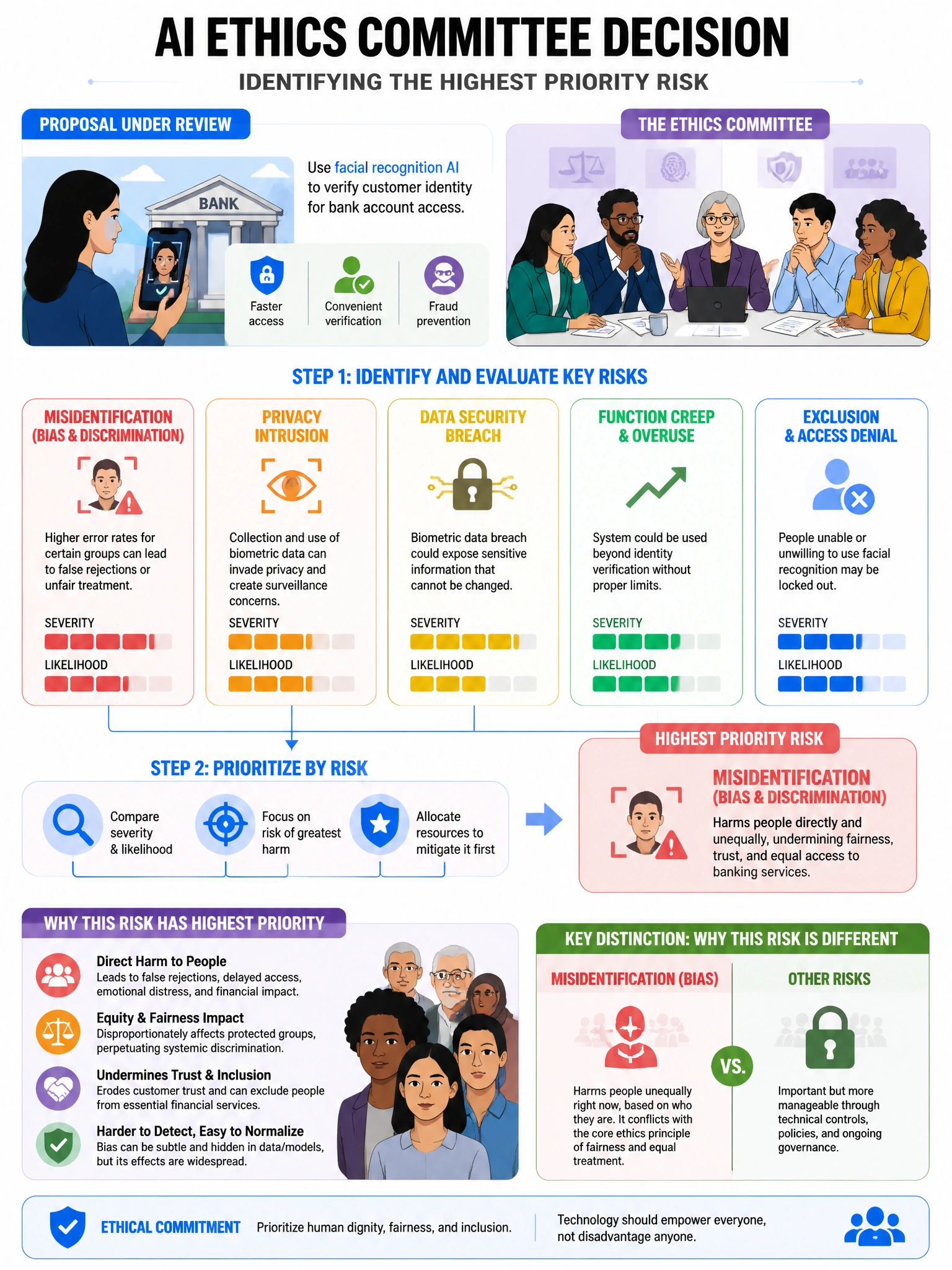 Portrait educational infographic teaching: An AI ethics committee is reviewing a proposal to use facial recognition AI to verify customer identity for bank account access. Which risk requires HIGHEST priority in the ethics . Show labeled components, decision flow, and the key distinction that makes the correct answer correct. Clean modern diagram style.