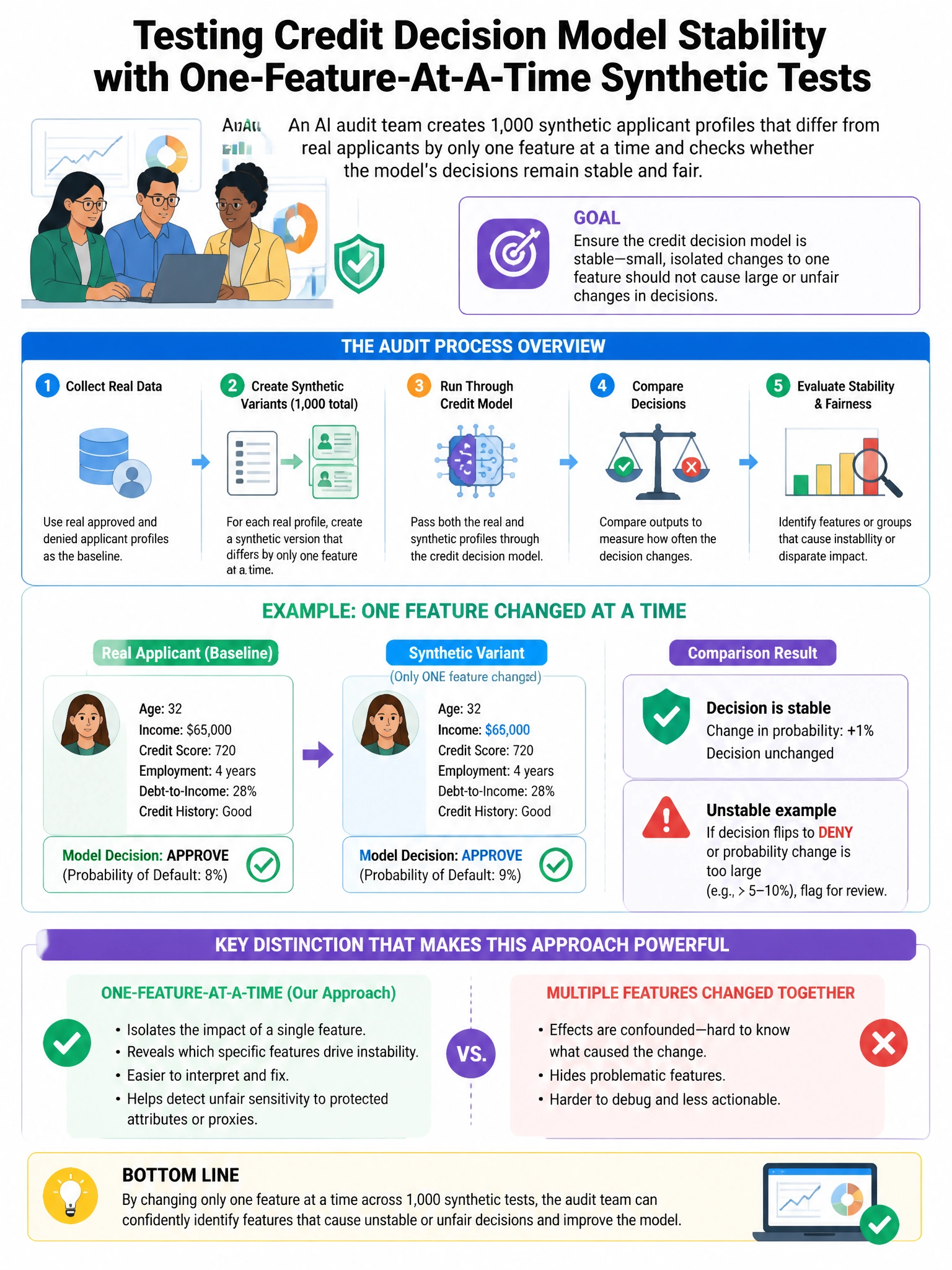 Portrait educational infographic teaching: An AI audit team is testing a credit decision model for stability. They create 1,000 synthetic applicant profiles that differ from real applicants by only one feature at a time and. Show labeled components, decision flow, and the key distinction that makes the correct answer correct. Clean modern diagram style.