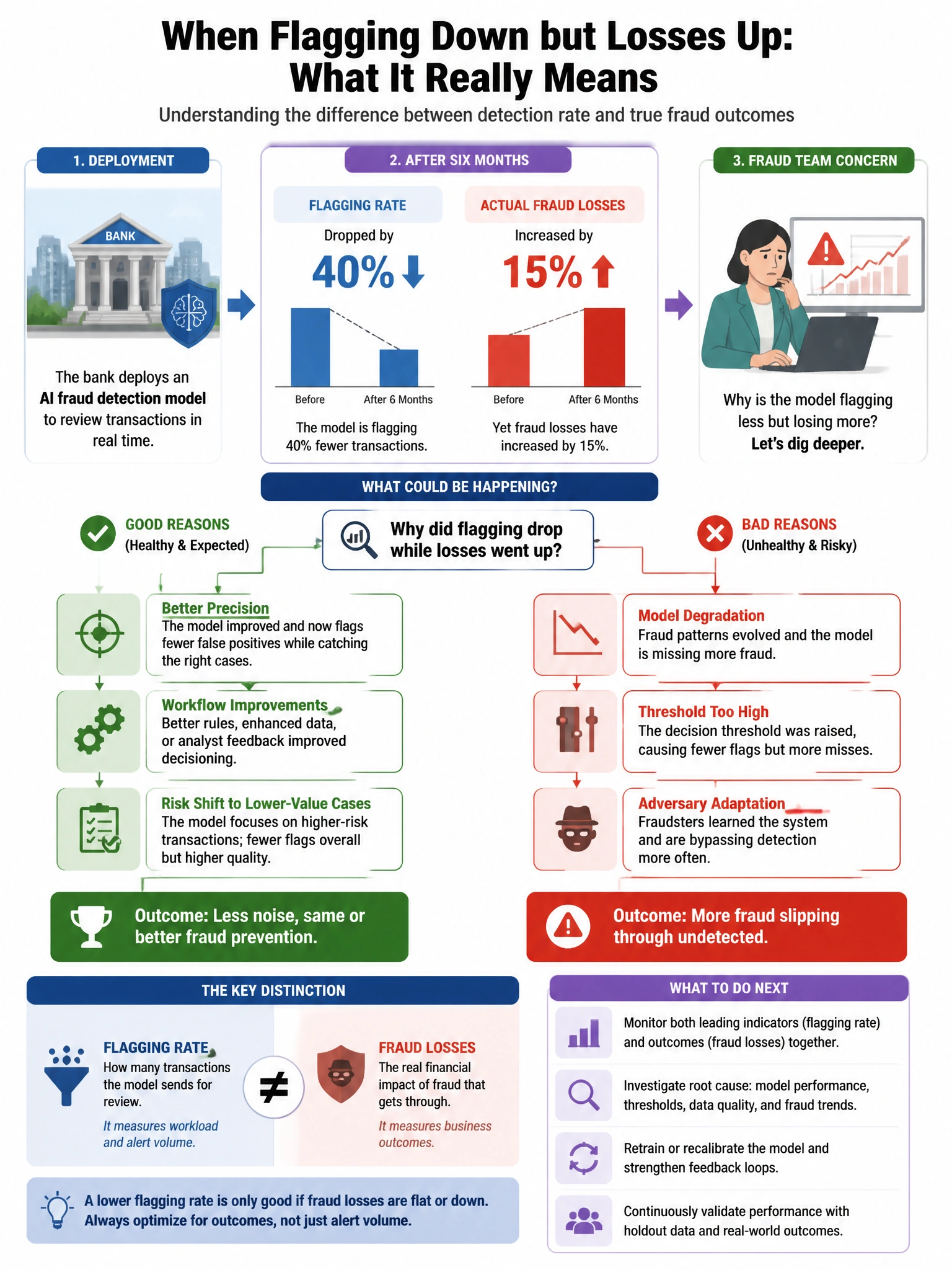 Portrait educational infographic teaching: A bank deploys an AI fraud detection model. After six months, the fraud team notes that the model's flagging rate has dropped by 40% while actual fraud losses have increased by 15%. Show labeled components, decision flow, and the key distinction that makes the correct answer correct. Clean modern diagram style.