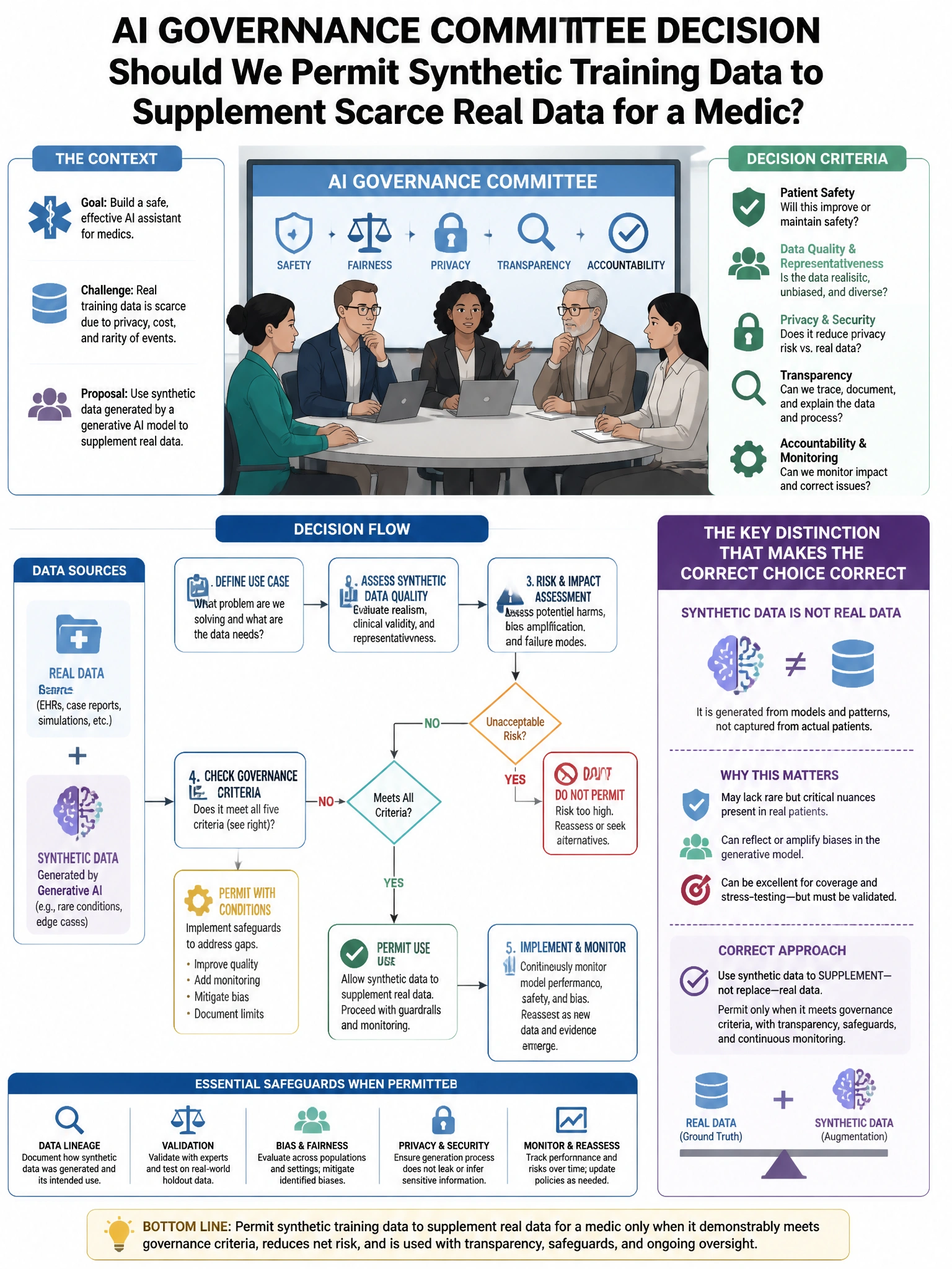 Portrait educational infographic teaching: An AI governance committee is evaluating whether to permit the use of synthetic training data generated by a generative AI model to supplement scarce real training data for a medic. Show labeled components, decision flow, and the key distinction that makes the correct answer correct. Clean modern diagram style.