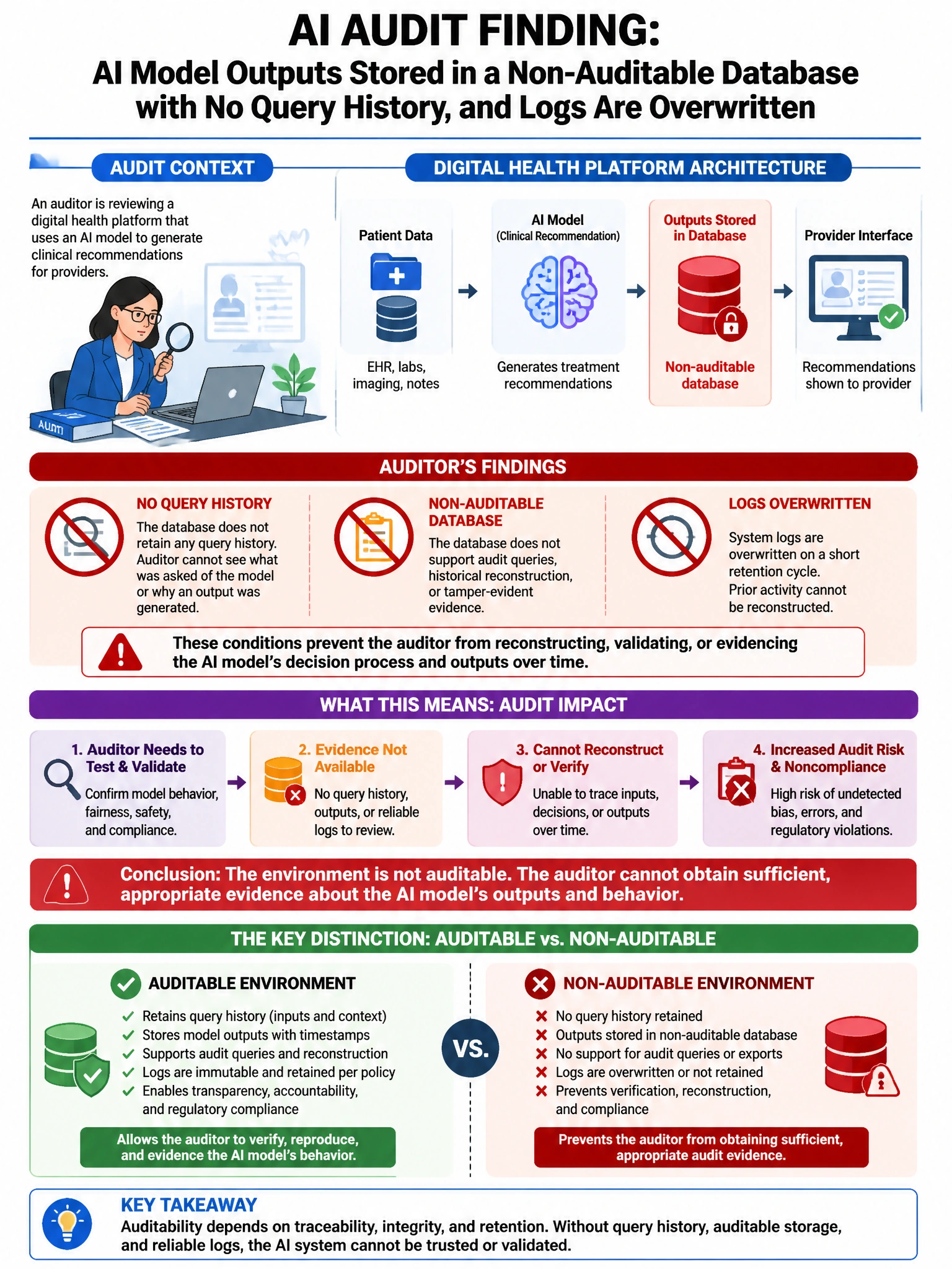 Portrait educational infographic teaching: During an AI audit of a digital health platform, the auditor discovers that the AI model's outputs are stored in a non-auditable database with no query history, and logs are overwr. Show labeled components, decision flow, and the key distinction that makes the correct answer correct. Clean modern diagram style.
